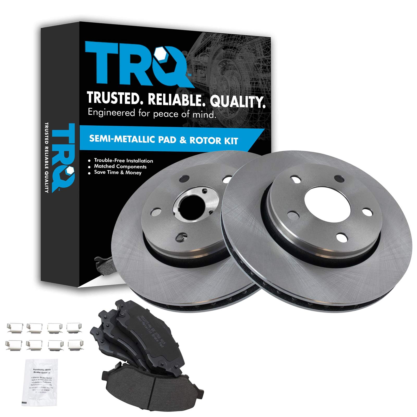 TRQ Front Brake Pad and Rotor Kit - Semi-Metallic Brake Pads & Rotors for 2007-2018 Jeep Wrangler JK - Perfect for Off-Roading, Daily Commuting, and Enhanced Stopping Power