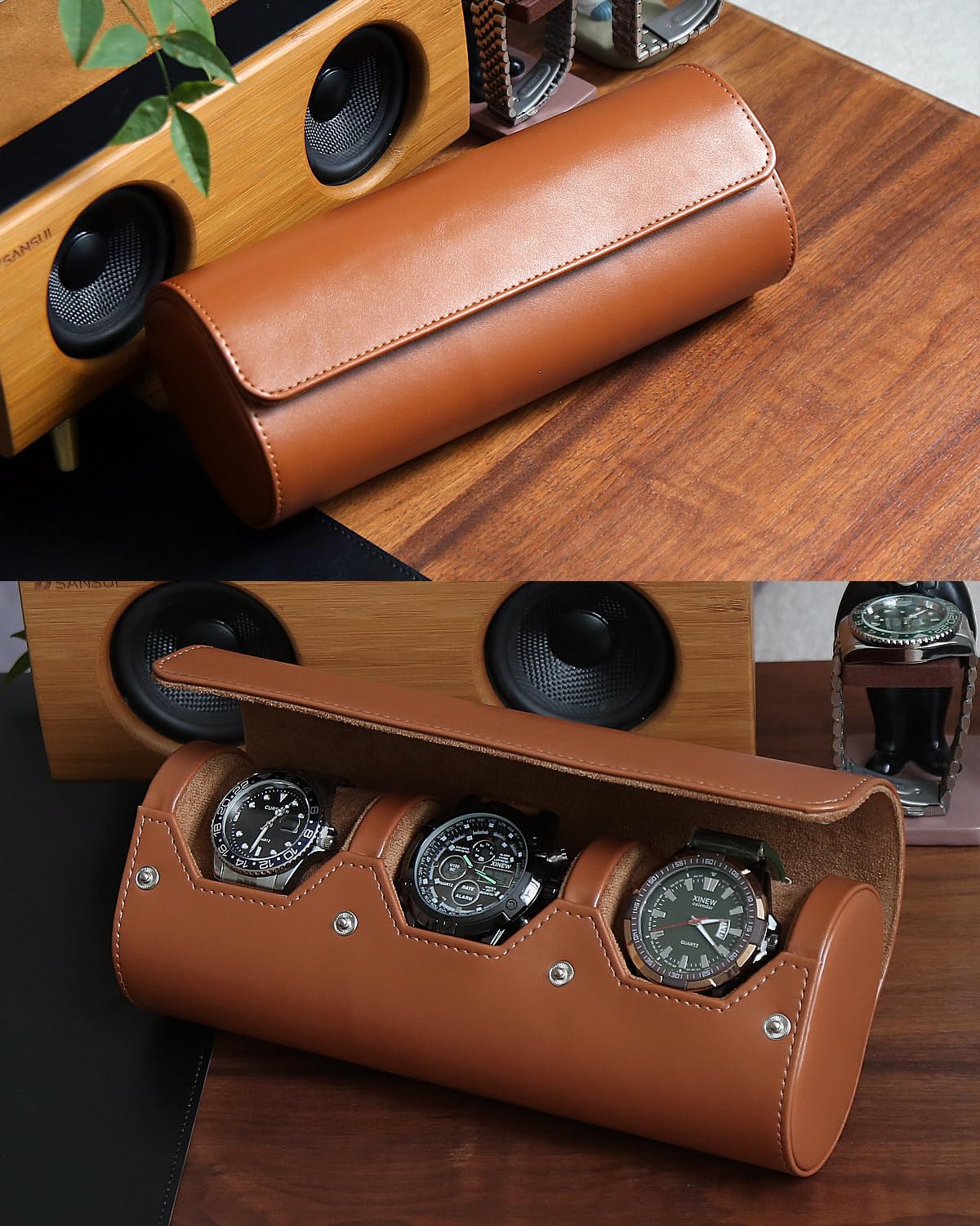 Premium Men's Watch Box Organizer - Portable Travel Watch Case with Velvet Lining for 3 Watches - Large Watch Storage Display (Light Brown) - Perfect for Travel, Home Display & Watch Collection Organization