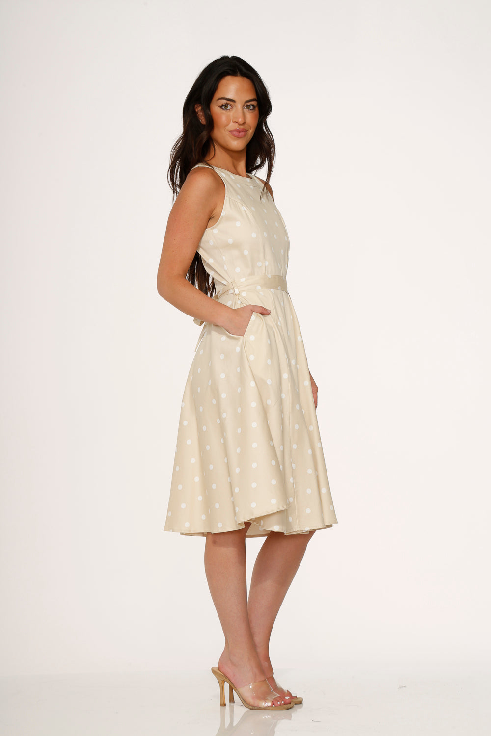 Beige & White Polka Dot Swing Dress - Flowy Summer Dress for Women | Perfect for Beach, Party & Casual Outings