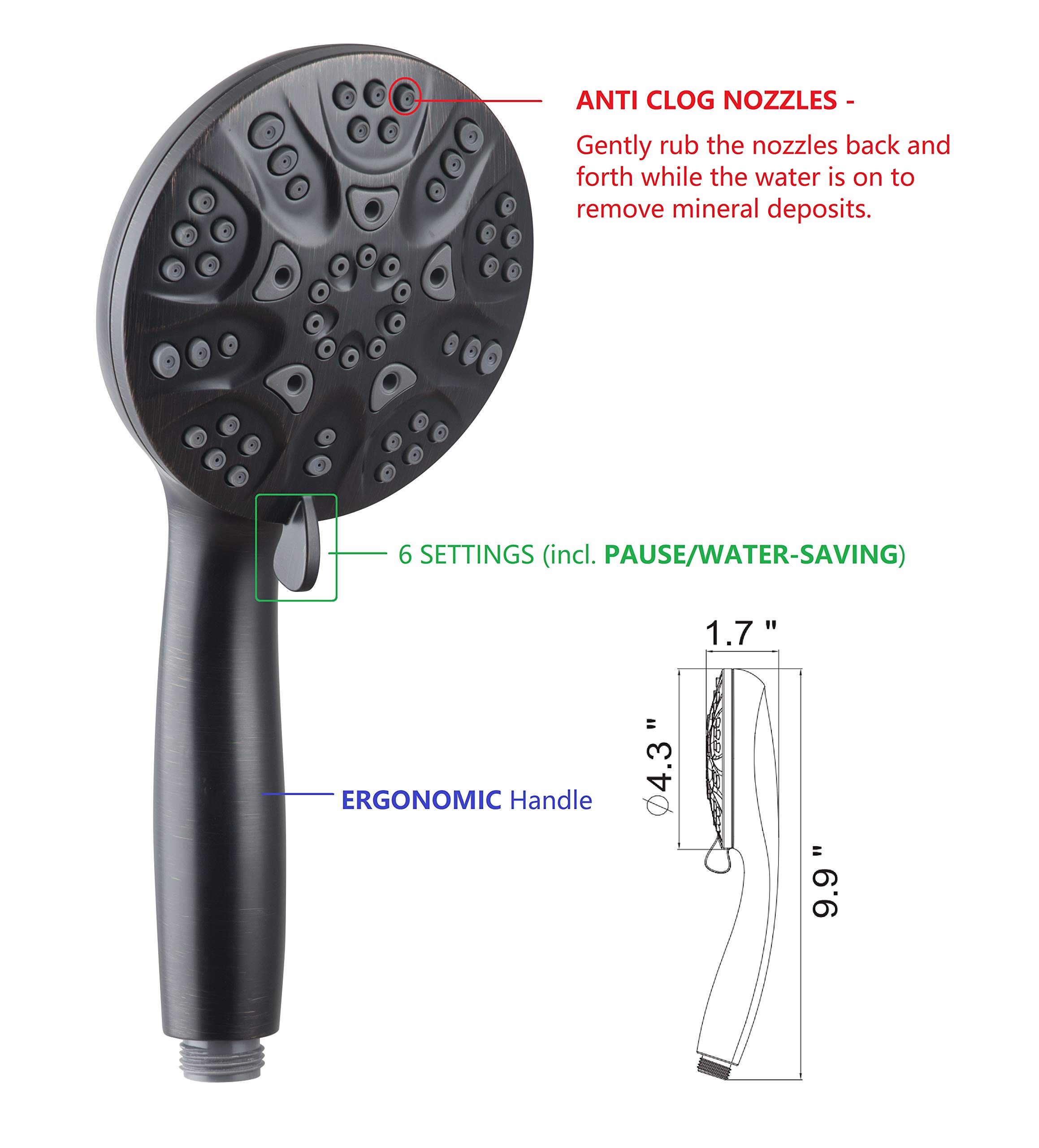 6-Inch Wide Anti-Clog Rain Shower Head with 30-Settings & Handheld Combo - 5 ft Stainless Steel Hose with Brass Connectors (Oil Rubbed Bronze) - Perfect for Luxurious Spa-Like Bathroom Experience