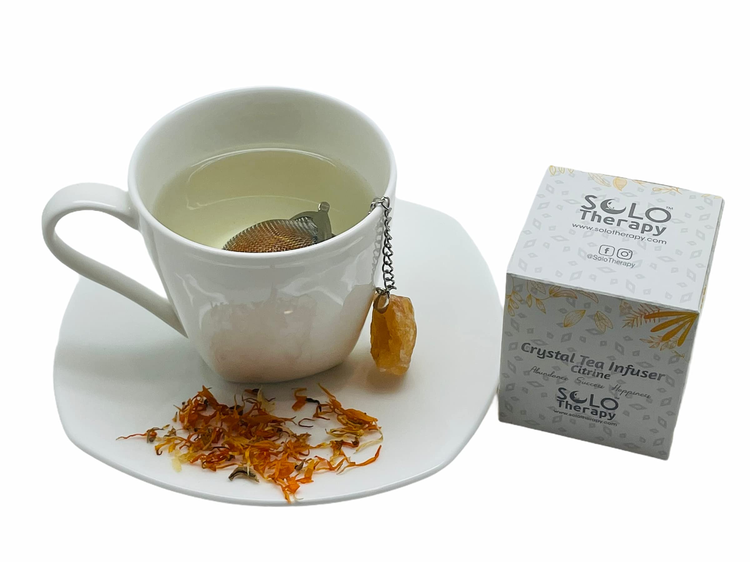 Premium Citrine Crystal Tea Infuser with Stainless Steel Mesh - Loose Leaf Tea Strainer with Extended Chain Hook - Perfect for Herbal Tea, Chai, and Green Tea Brewing at Home or Office