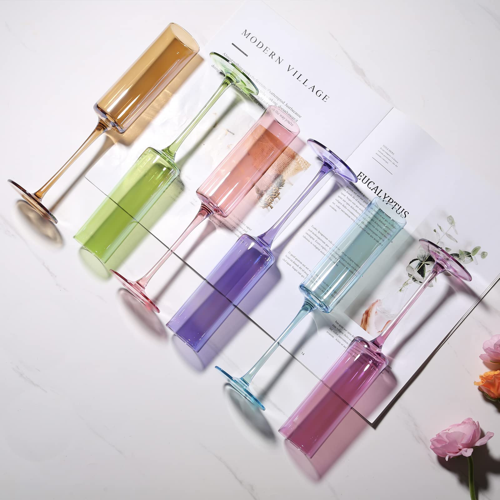 Physkoa 6-Piece Colored Champagne Flutes Set - Lead-Free Crystal Colorful Glass Champagne Glasses for Birthday, Wedding & Bridal Shower | Elegant Drinkware for Parties, Celebrations & Romantic Dinners