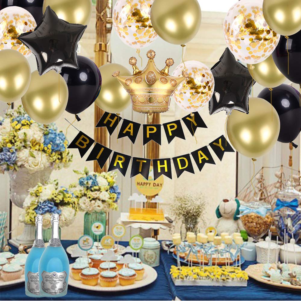 Happy Birthday Party Decorations Kit - Gold & Black Latex Balloons, Birthday Banner, Crown Balloon - Perfect for Birthday Parties, Baby Showers & Celebrations