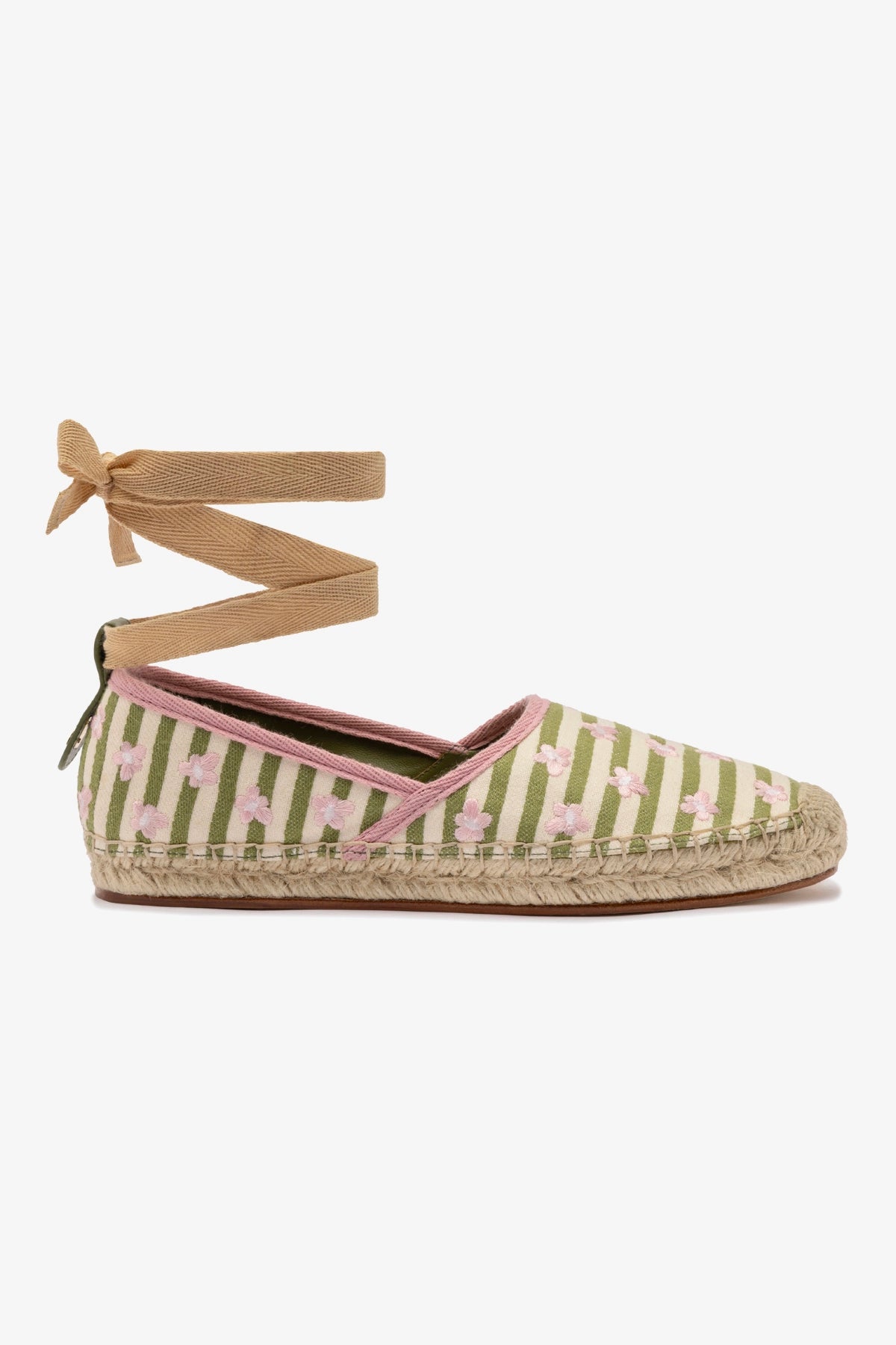 Letizia Espadrille Flat - Seaweed & Natural Striped Fabric with Daisy Embroidery | Comfortable Summer Sandals for Women, Beach Vacation & Casual Outings