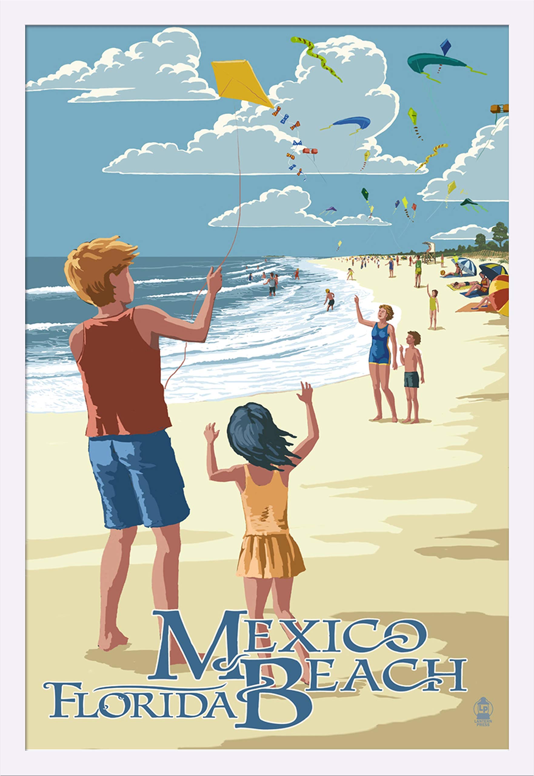 Mexico Beach Florida Kite Flyers and Beach 41835 - 24x36 Giclee Art Print Gallery Framed in White Wood - Perfect for Coastal Home Decor, Beach House Wall Art & Living Room Decorations