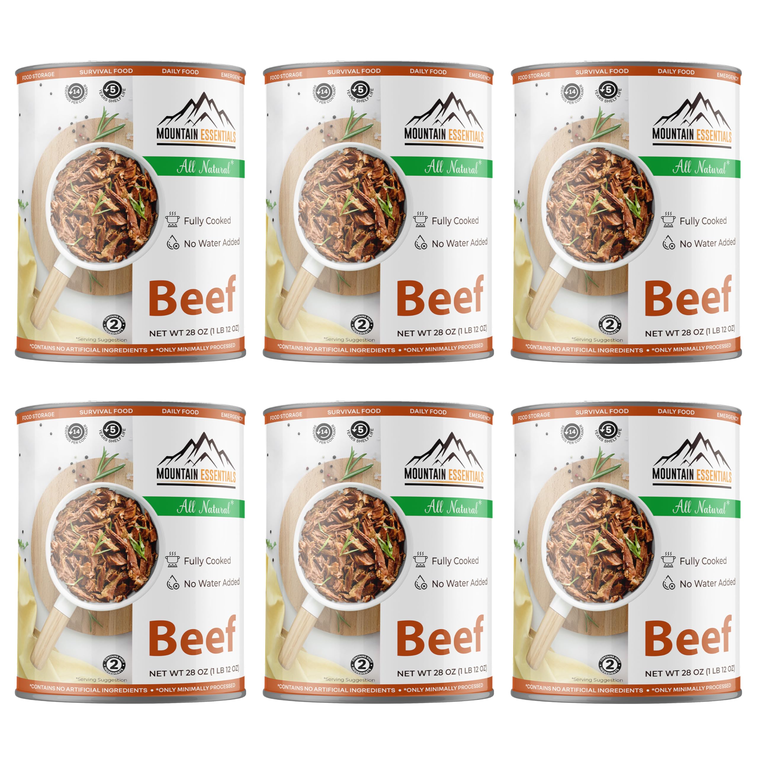 MOUNTAIN ESSENTIALS All Natural Fully Cooked Ready to Eat Canned Beef 28 Oz - Gluten Free, No Carbs, No Water Added, No Artificial Ingredients - Emergency Food Supply & Survival Food for Camping, Hiking, Outdoor Adventures (Pack of 6)