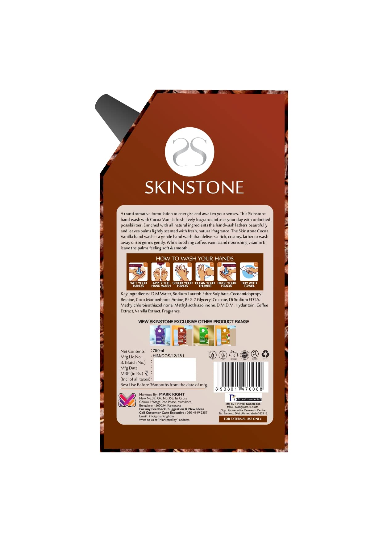 SkinStone Cocoa Vanilla Hand Wash Refill Pack - 750ml Pouch for Kitchen, Bathroom & Office | Moisturizing & Antibacterial Liquid Soap
