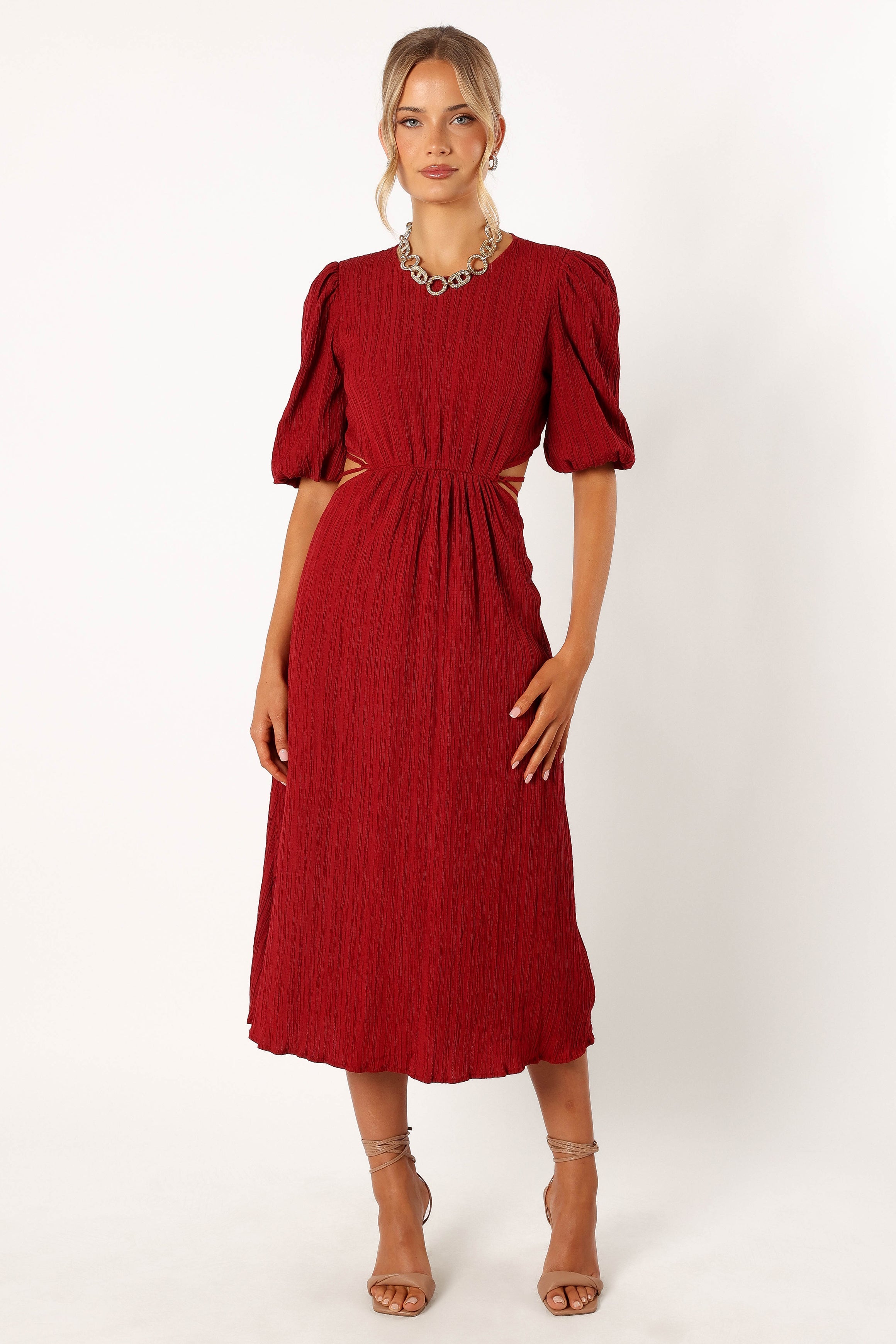 Carina Pleated Midi Dress in Dark Red | Flowy A-Line Skirt for Women | Perfect for Weddings, Parties & Office Wear