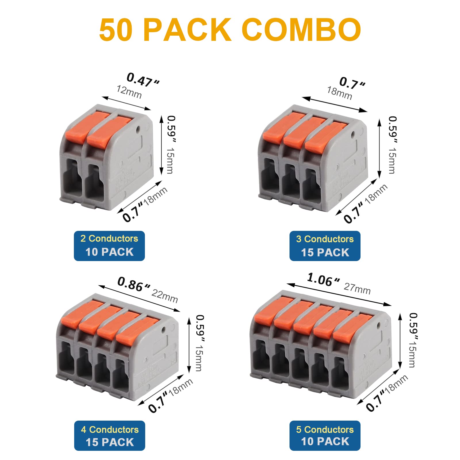 Brightfour 50-Pack Lever Wire Connectors Kit - 2/3/4/5 Port No Pain Splice Connectors for AWG 24-12 Wires - Ideal for Home Electrical Wiring, DIY Projects & Automotive Applications