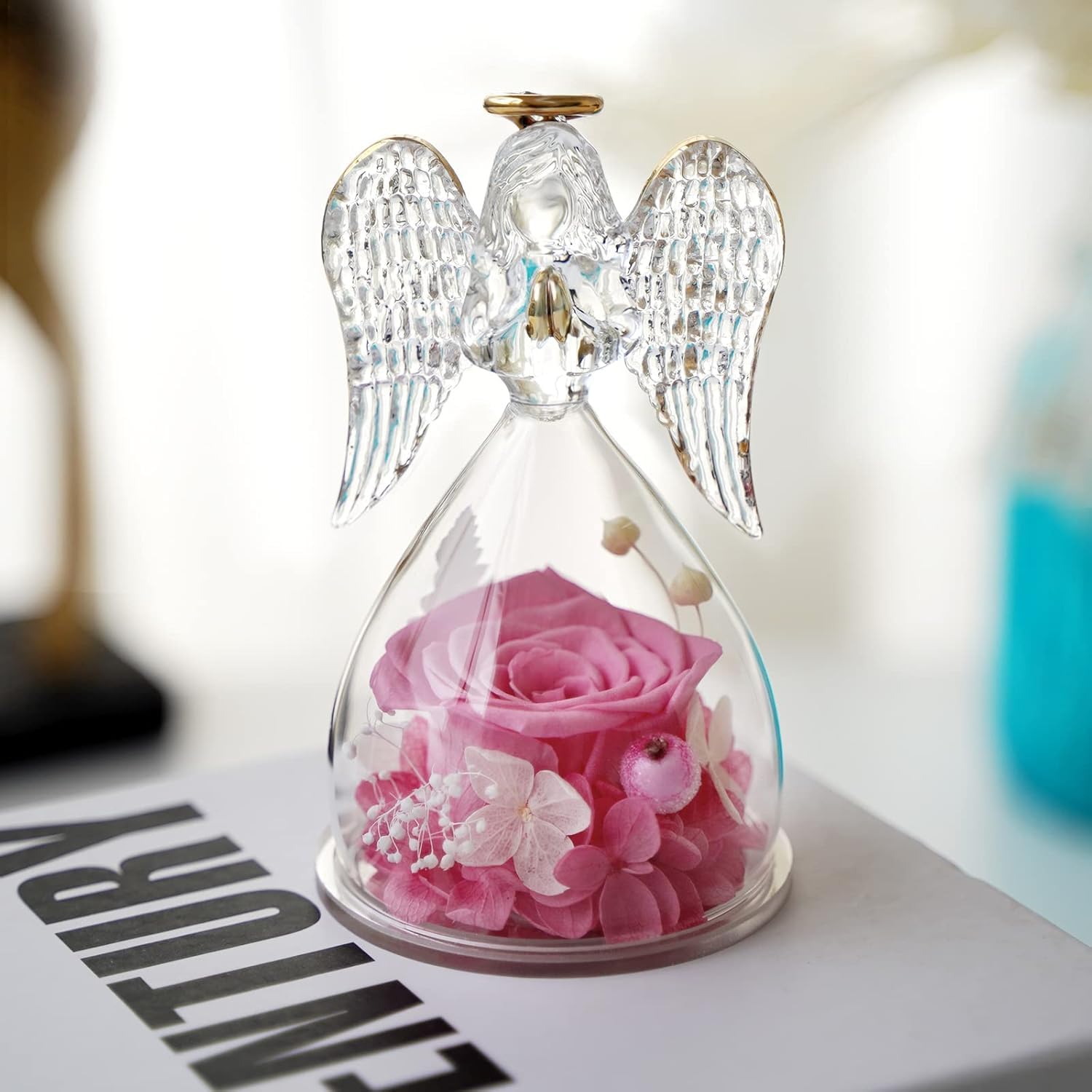 Yamonic Angel Figurine with Real Preserved Rose - Perfect Birthday Gift for Mom, Grandma, Her | Mother's Day, Christmas, Anniversary Present | Elegant Home Decor for Living Room, Bedroom (Pink)