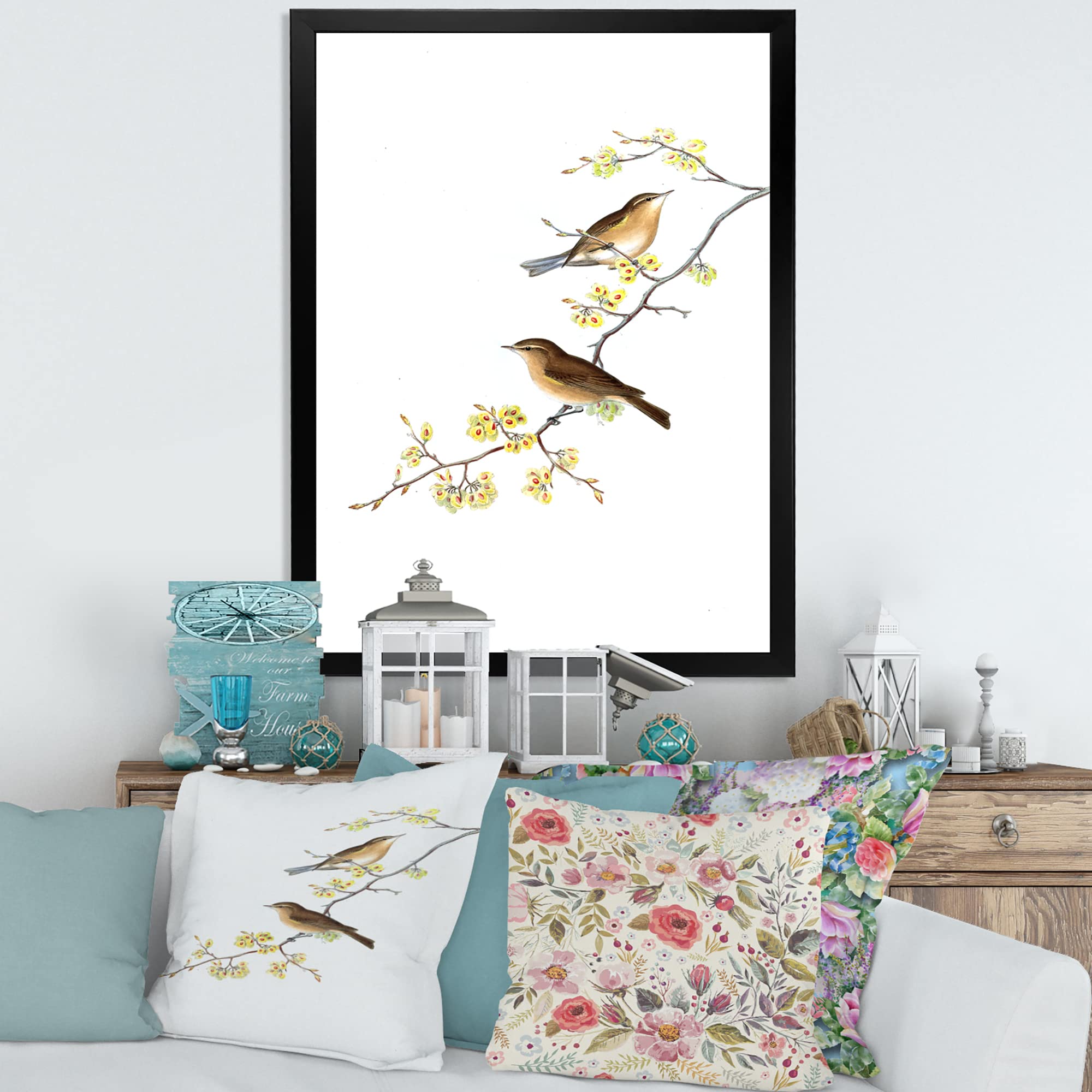 DesignQ Little Birds on Tree Branches II - Traditional Framed Wall Art Painting for Living Room, Bedroom & Office Decor