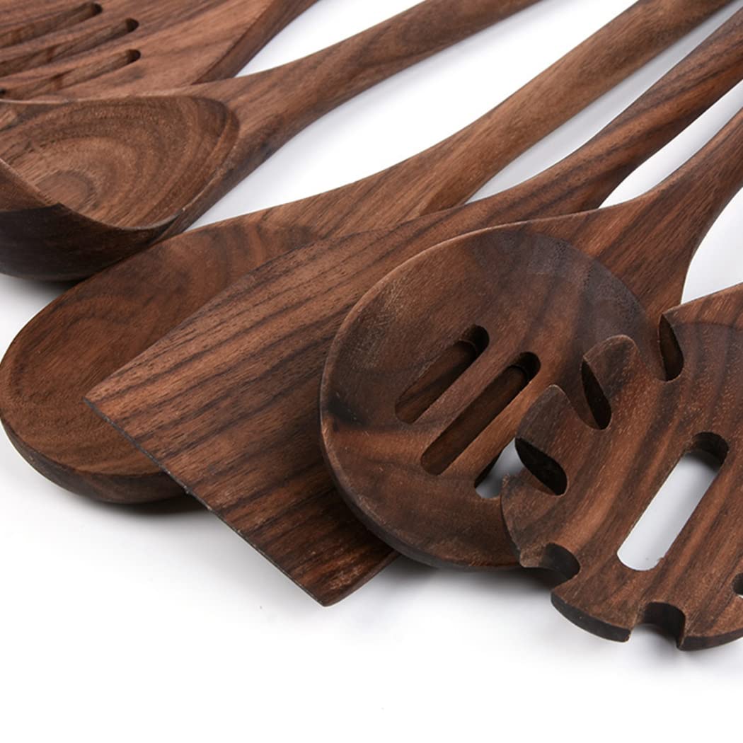 Premium Black Walnut Kitchen Utensils Set - Handcrafted Natural Wooden Spoons, Slotted Spoon, Spaghetti Server & Spatula for Cooking, Baking & Serving | Eco-Friendly Wooden Utensils for Professional Chefs & Home Cooks | Perfect for Pasta, Salad, Soups & Everyday Cooking