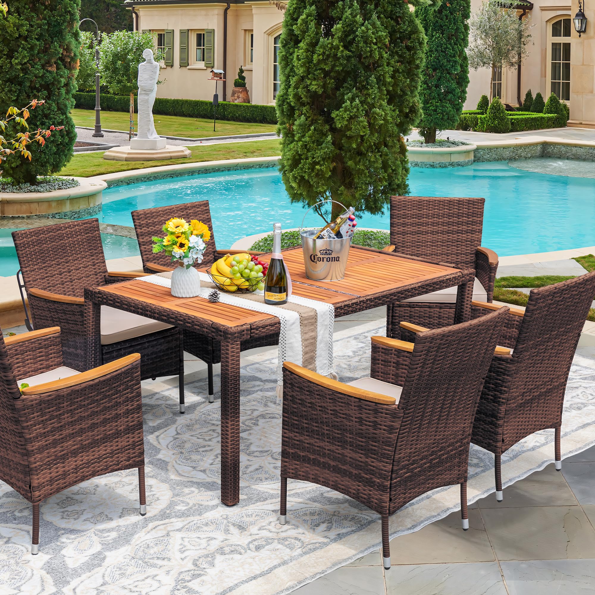 Devoko 7-Piece Patio Dining Set with Acacia Wood Table Top, Outdoor Furniture with Beige Cushions & Brown Rattan - Perfect for Backyard BBQs, Garden Parties & Poolside Relaxation