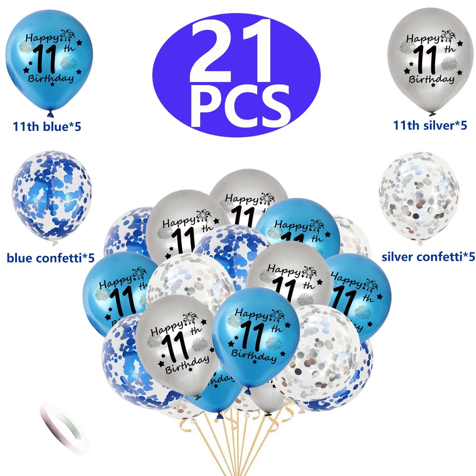 Happy 11th Birthday Balloons Pack - 21 Count Blue & Silver Confetti Latex Balloons for Boys & Girls | 11th Birthday Party Decorations, Photo Backdrops & Celebration Supplies