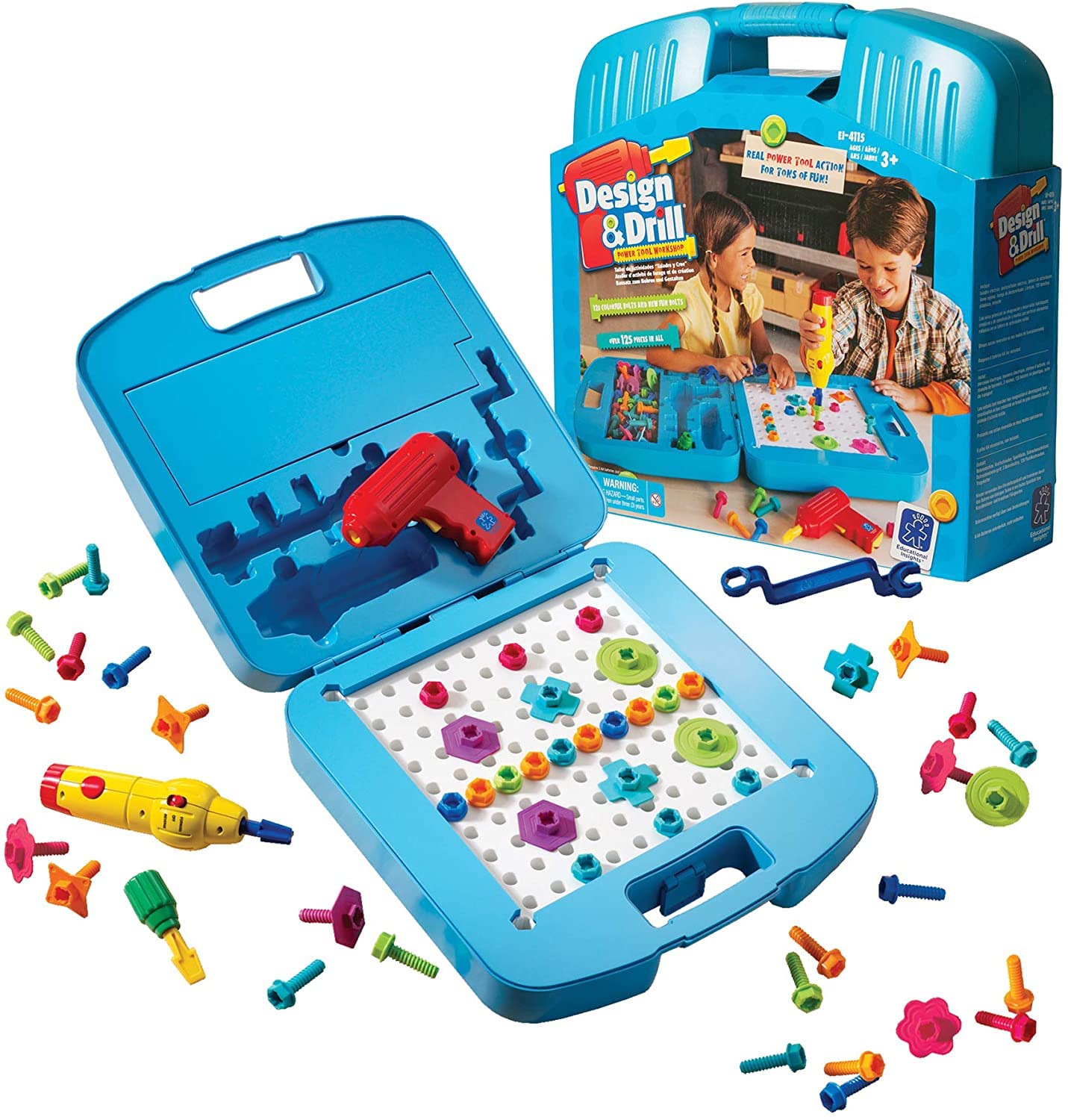 Educational Insights Design & Drill Power Tool Workshop - 127 Piece Kids Construction Toy Set with Electric Drill, STEM Learning Activity for Boys & Girls Ages 3+ - Perfect for Pretend Play & Early Engineering Skills Development