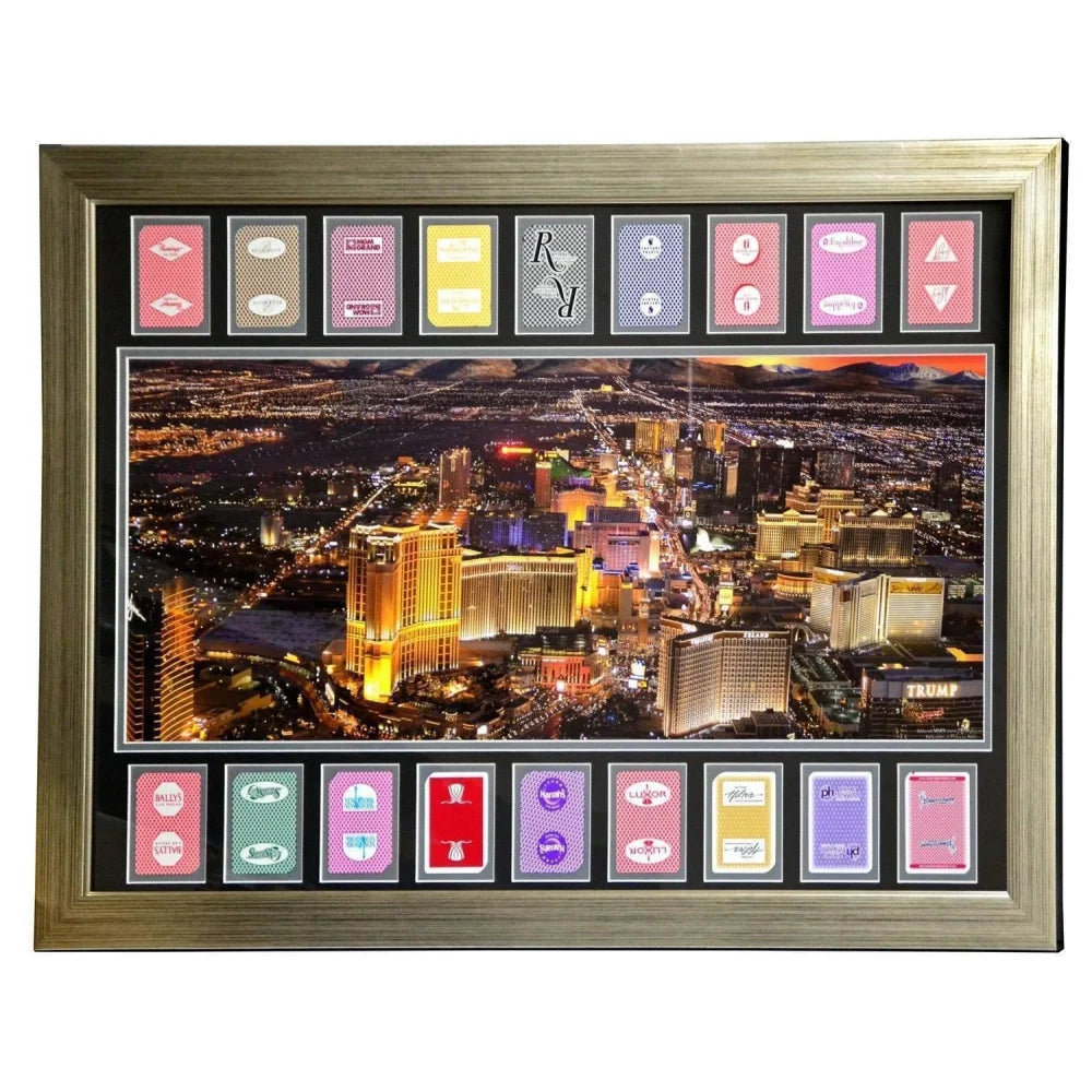 Authentic Las Vegas Hotels 18 Playing Cards Collage Framed #D/100 Panoramic Photo - Perfect for Casino Lovers, Gambling Decor & Poker Room Wall Art