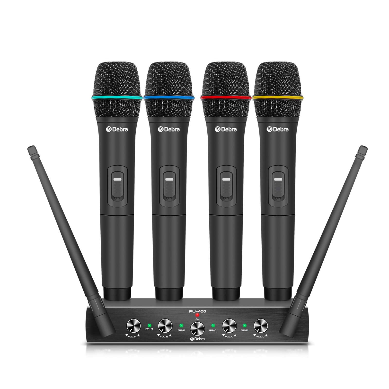 Debra Audio Pro UHF 4 Channel Wireless Microphone System - 4 Cordless Handheld & Lavalier Headset Mics with Metal Receiver - Perfect for Karaoke, Church Events, Parties & Stage Performances