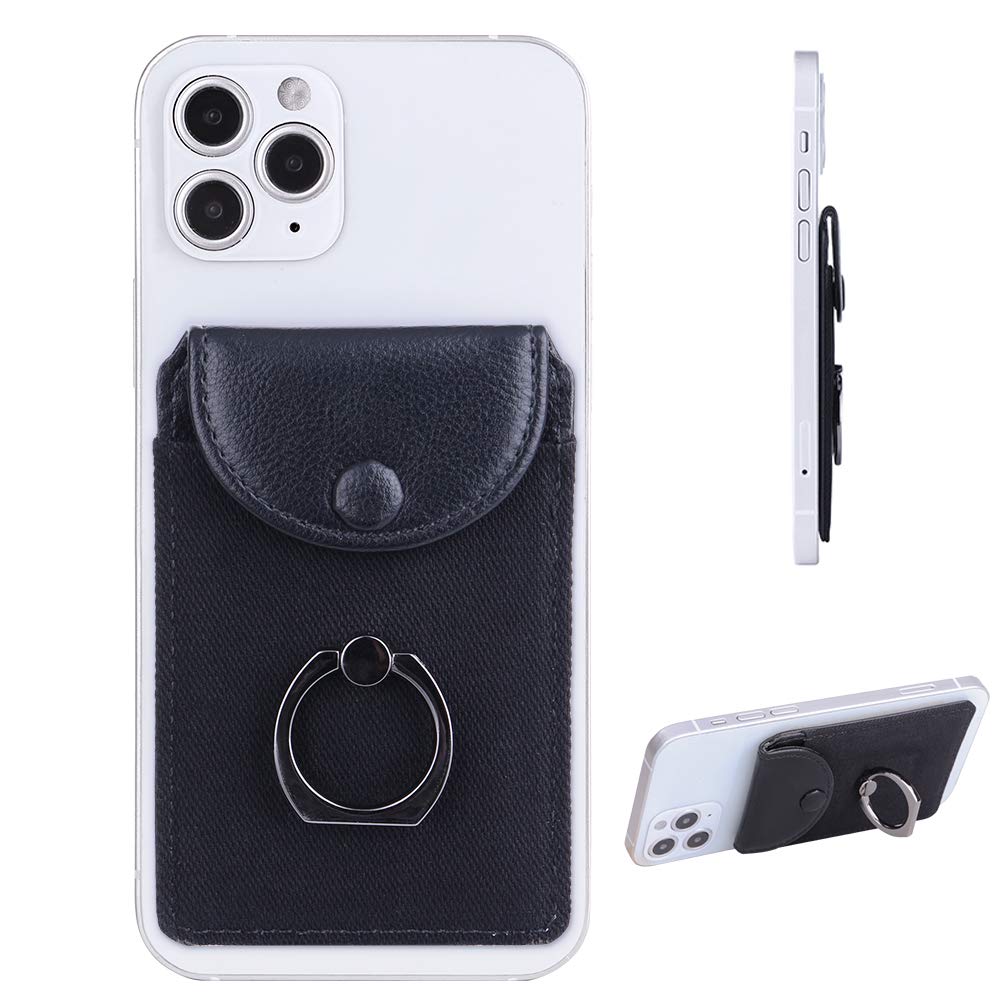 Ultra-Slim RFID Blocking Credit Card Holder with Ring Stand - Self Adhesive Phone Wallet for iPhone & Samsung (Stick-on Back of Phone) - Perfect for Hands-Free Shopping, Travel & Daily Commute