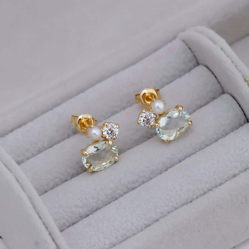 Elegant Green Amethyst and Pearl Stud Earrings for Women | Dainty Gemstone Jewelry Gift | Perfect for Weddings, Parties & Everyday Wear | TB2396