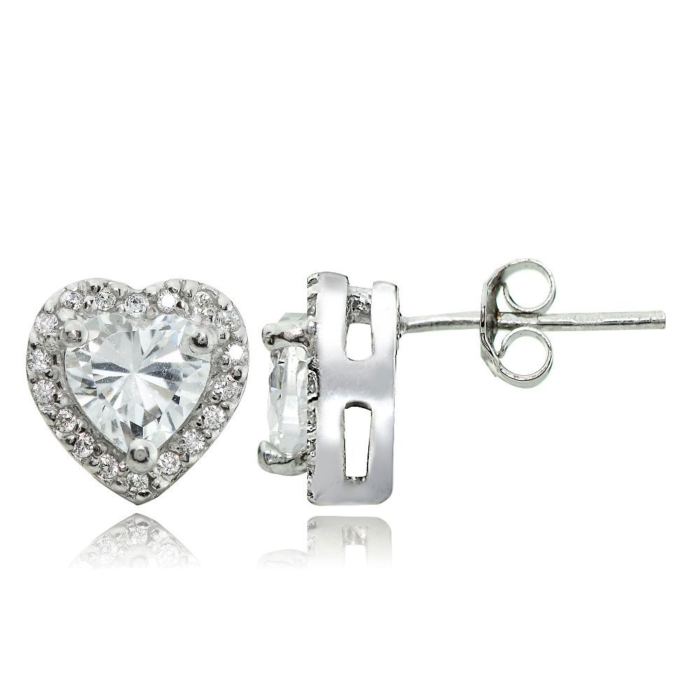 Sterling Silver Gemstone Birthstone & White Topaz Heart Halo Stud Earrings for Women | Dainty Valentine's Day Gift, Anniversary Jewelry, Everyday Wear