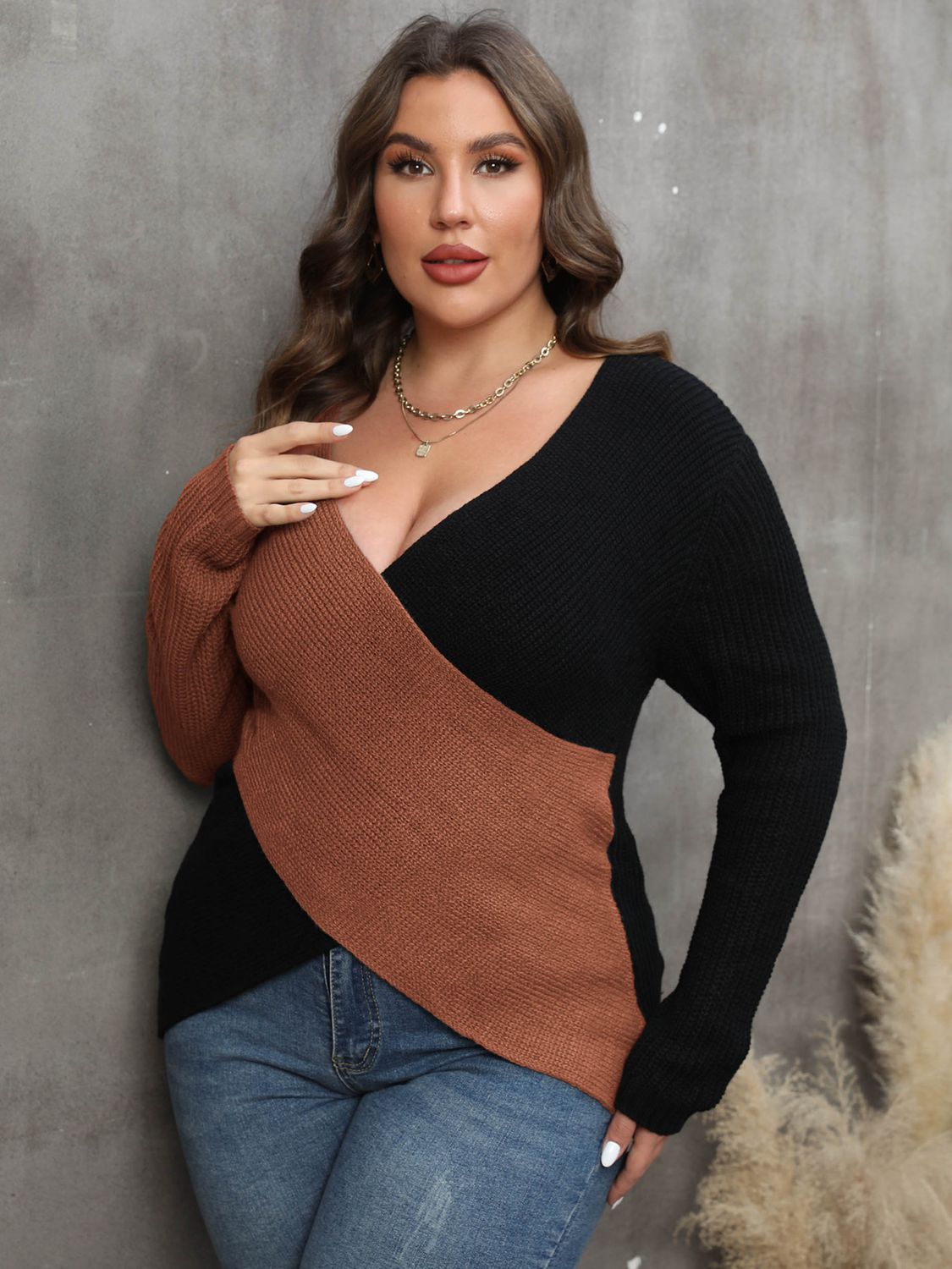 Plus Size Two Tone Surplice Neck Sweater for Women - Soft & Cozy Knit Pullover for Fall & Winter - Perfect for Office, Casual Outfits and Holiday Gatherings