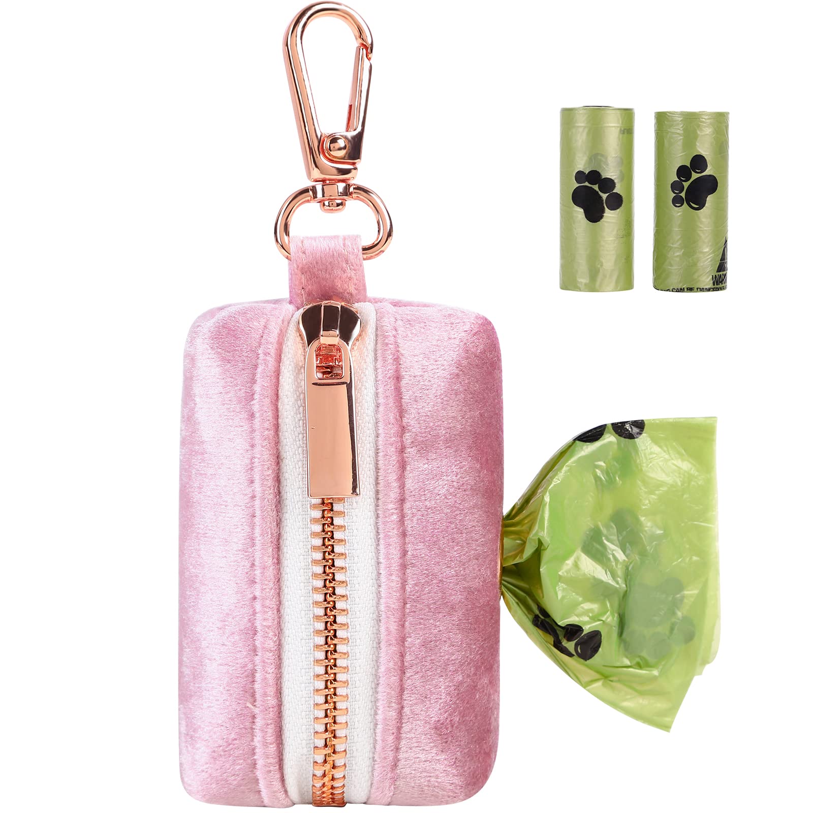 ARING PET Velvet Dog Waste Bag Dispenser - Pink Poop Bag Holder for Leashes, Portable & Washable Pet Waste Pouch with Metal Zipper | Perfect for Walking Dogs, Park Visits & Outdoor Adventures