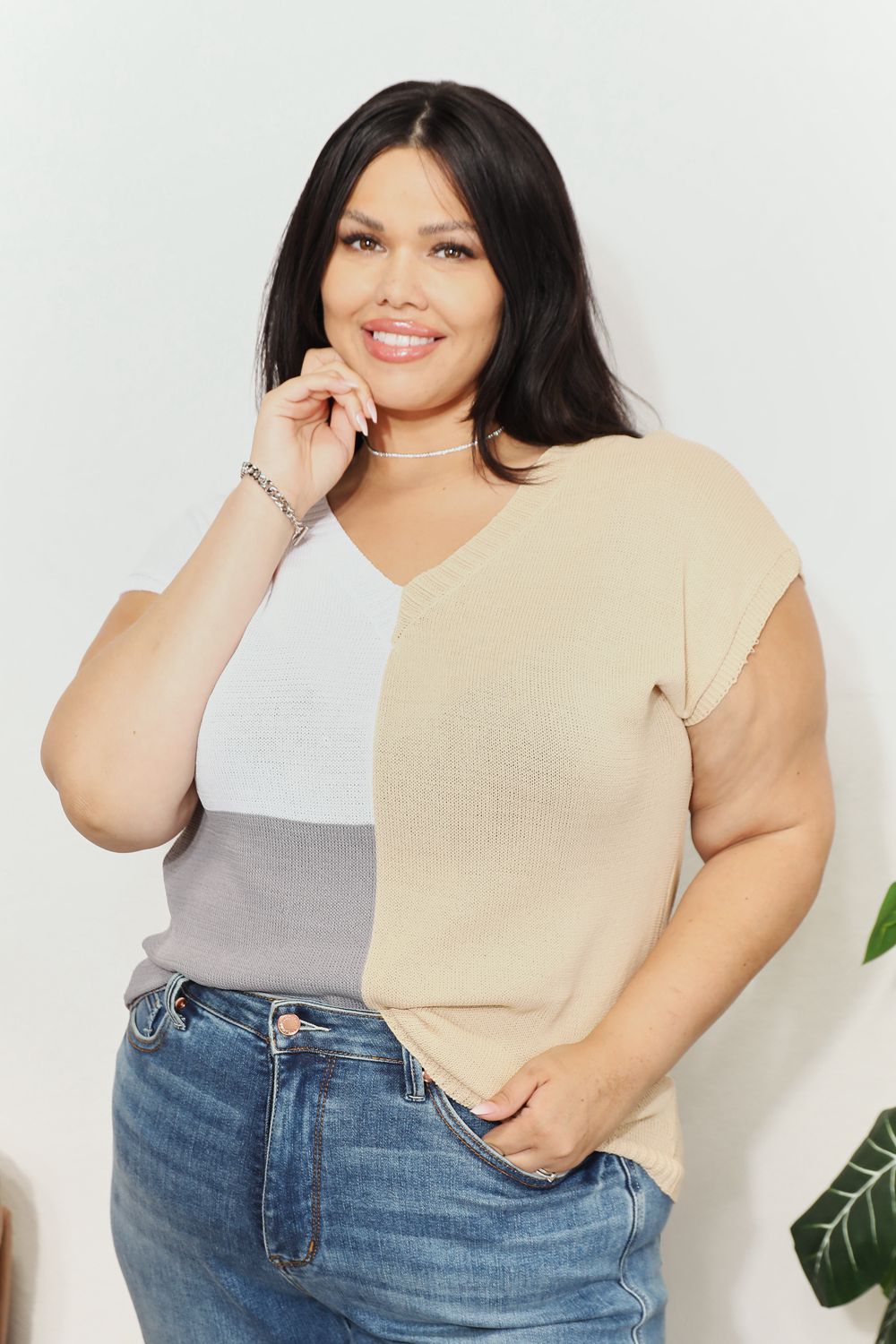 Color Block V-Neck Knit Top for Women - Stylish Casual & Office Wear - Soft Stretch Comfortable T-Shirt for Everyday Outfits