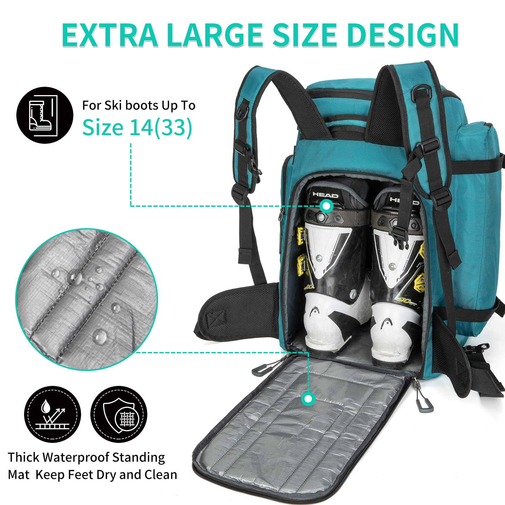 65L Waterproof Ski Boot Bag - 1680D Nylon Padded Duffle Backpack for Men, Women & Kids - Perfect for Ski Trips, Air Travel & Snowboarding Gear Storage