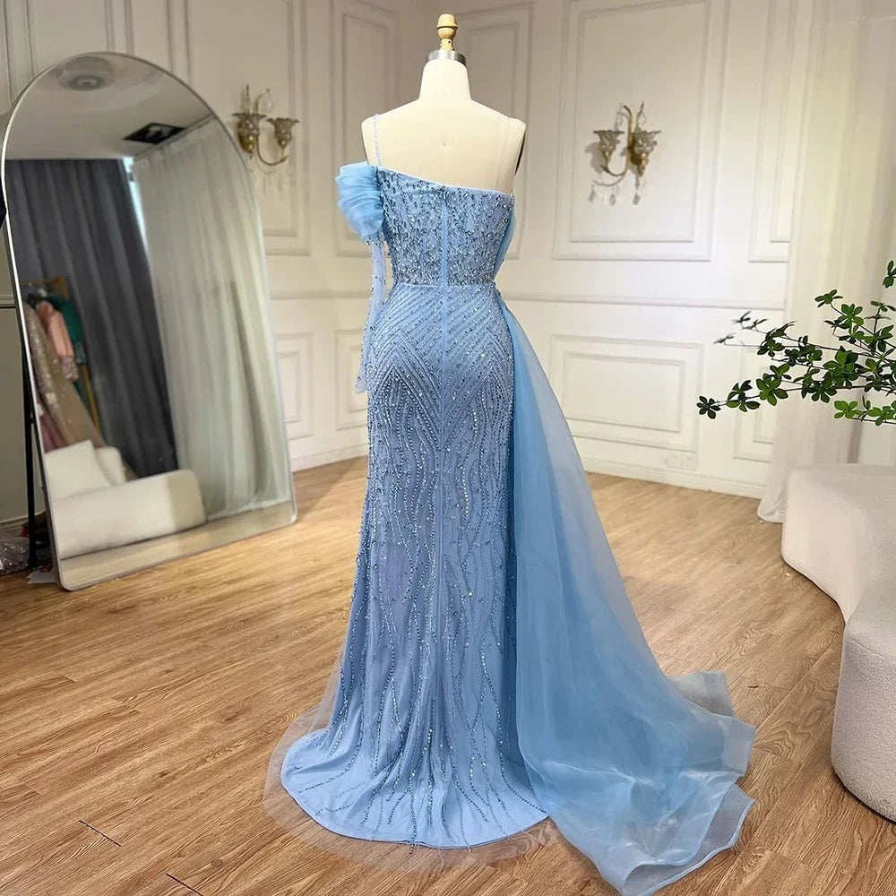 Elegant Blue Mermaid One Shoulder Evening Dress with Luxury Pearl Beading for Women - Perfect for Weddings, Parties & Special Occasions - Serene Hill Collection 2025 LA72244