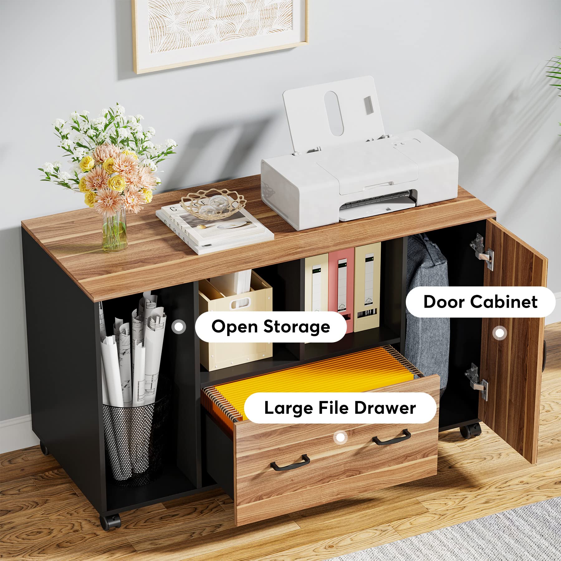 Little Tree Rolling File Cabinet with Drawer & Door - Mobile Storage Cabinet with Shelves & CPU Holder for Home Office, Living Room - Perfect for Organizing Documents, Office Supplies & Electronics