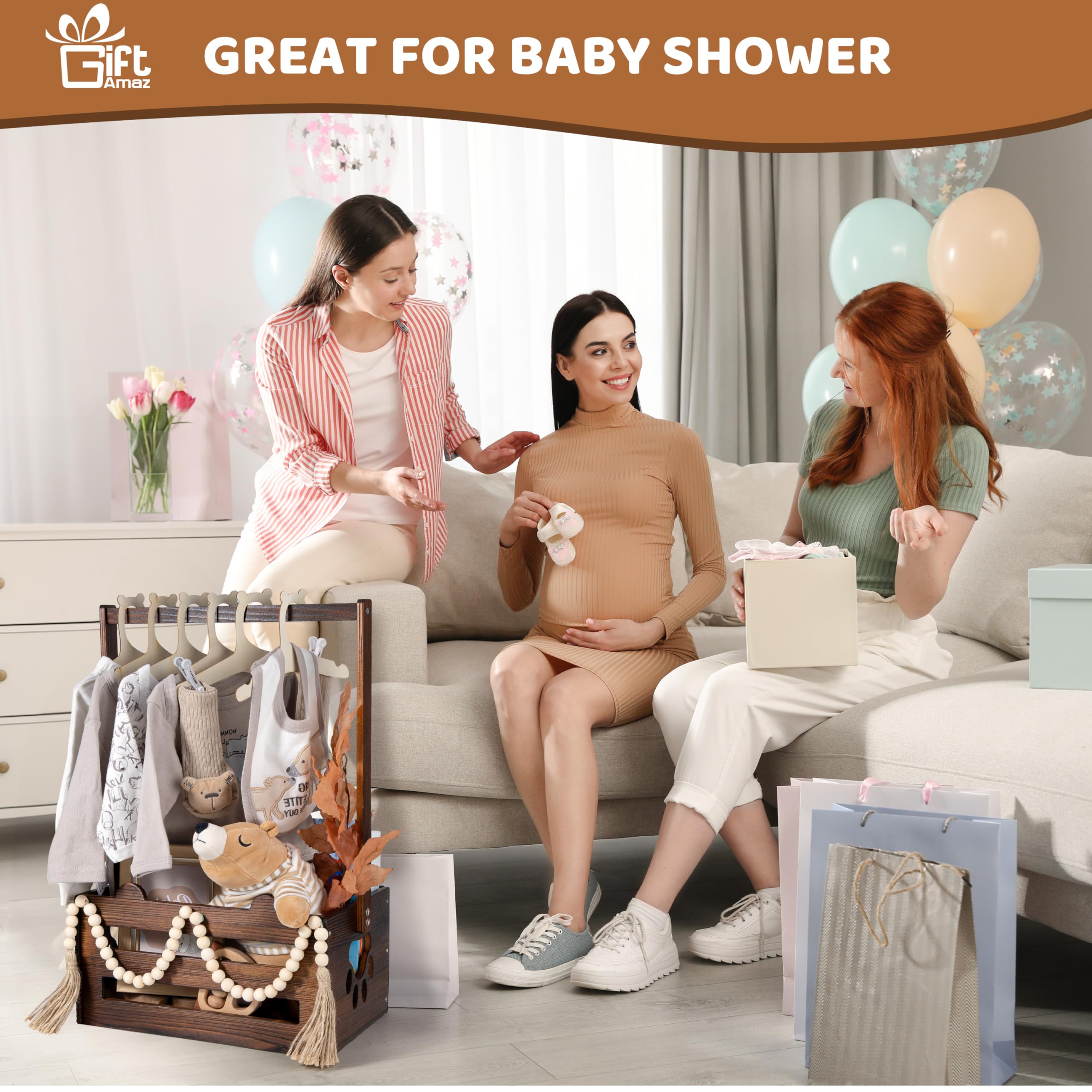 GiftAmaz Brown Wooden Baby Shower Storage Crate with Handle - Newborn Baby Shower Gift Basket for Boys & Girls - Pregnancy Welcome Box for New Parents - Perfect for Nursery Organization & Baby Essentials Storage