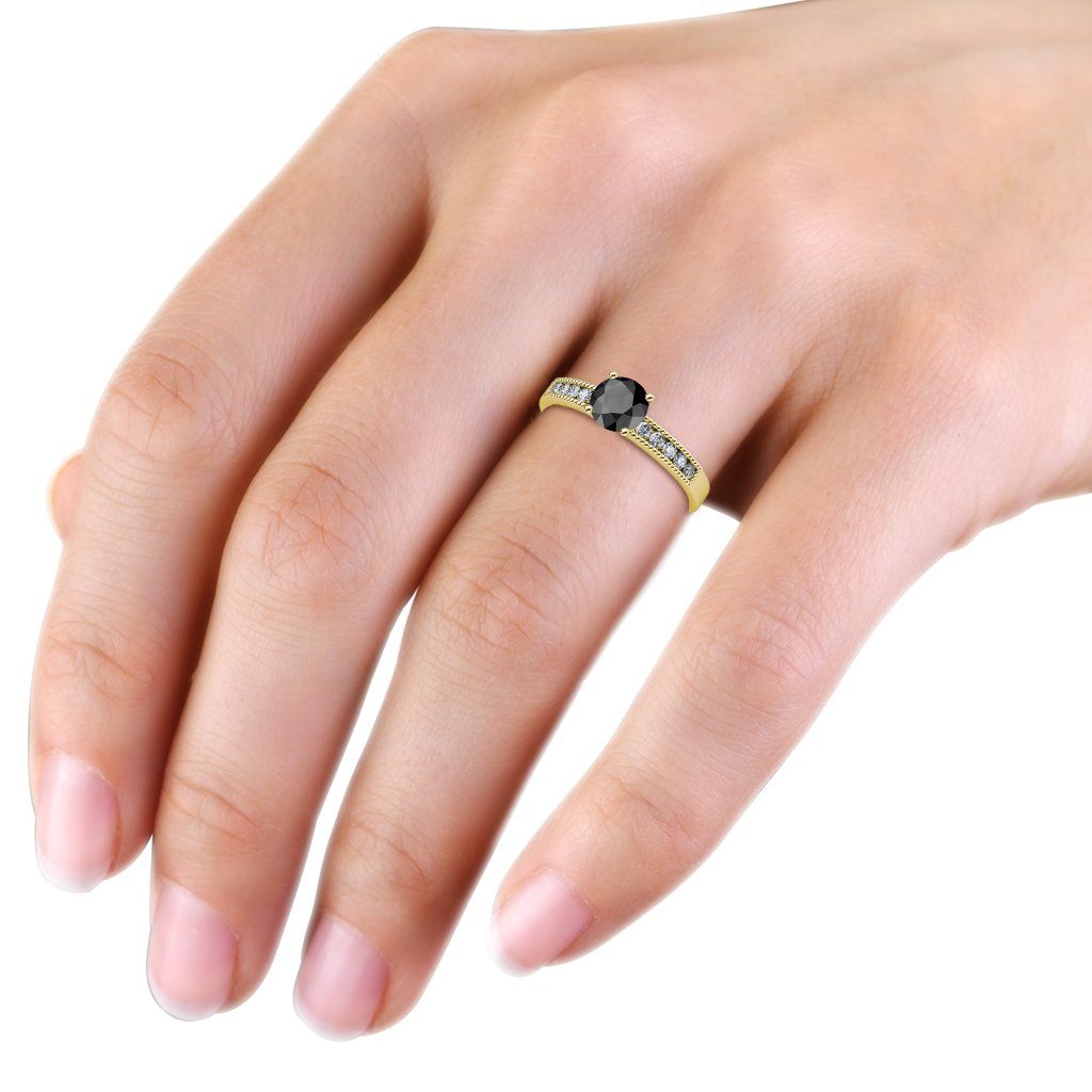 1.30 Carat Black & Natural Diamond Engagement Ring - 14K Gold Milgrain Band - Perfect for Proposals, Anniversaries & Special Occasions
