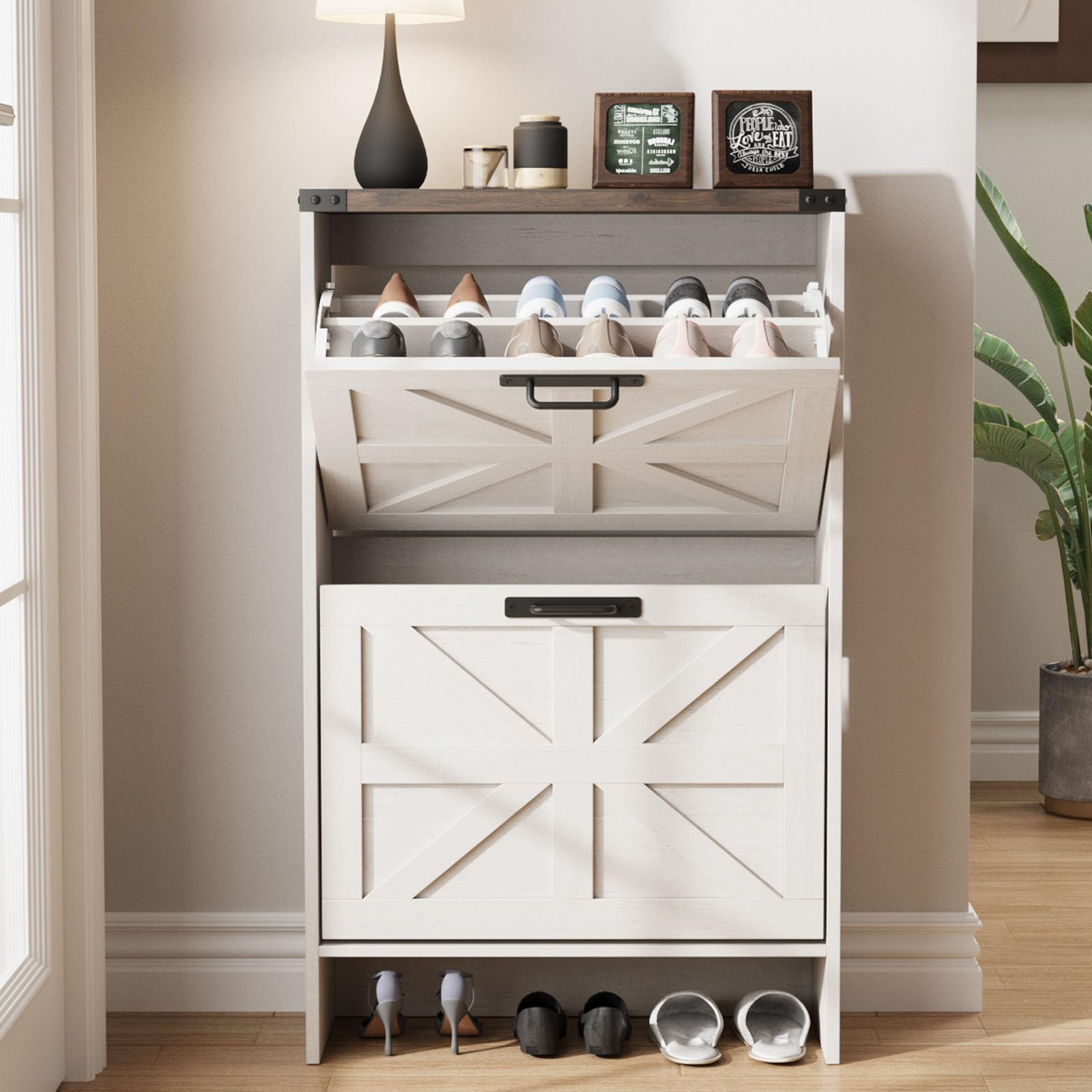 Farmhouse Style Slim Shoe Storage Cabinet with 2 Flip Drawers - Narrow Entryway Shoe Rack Organizer for Hidden Shoes - White - Perfect for Small Spaces, Apartments & Closet Organization