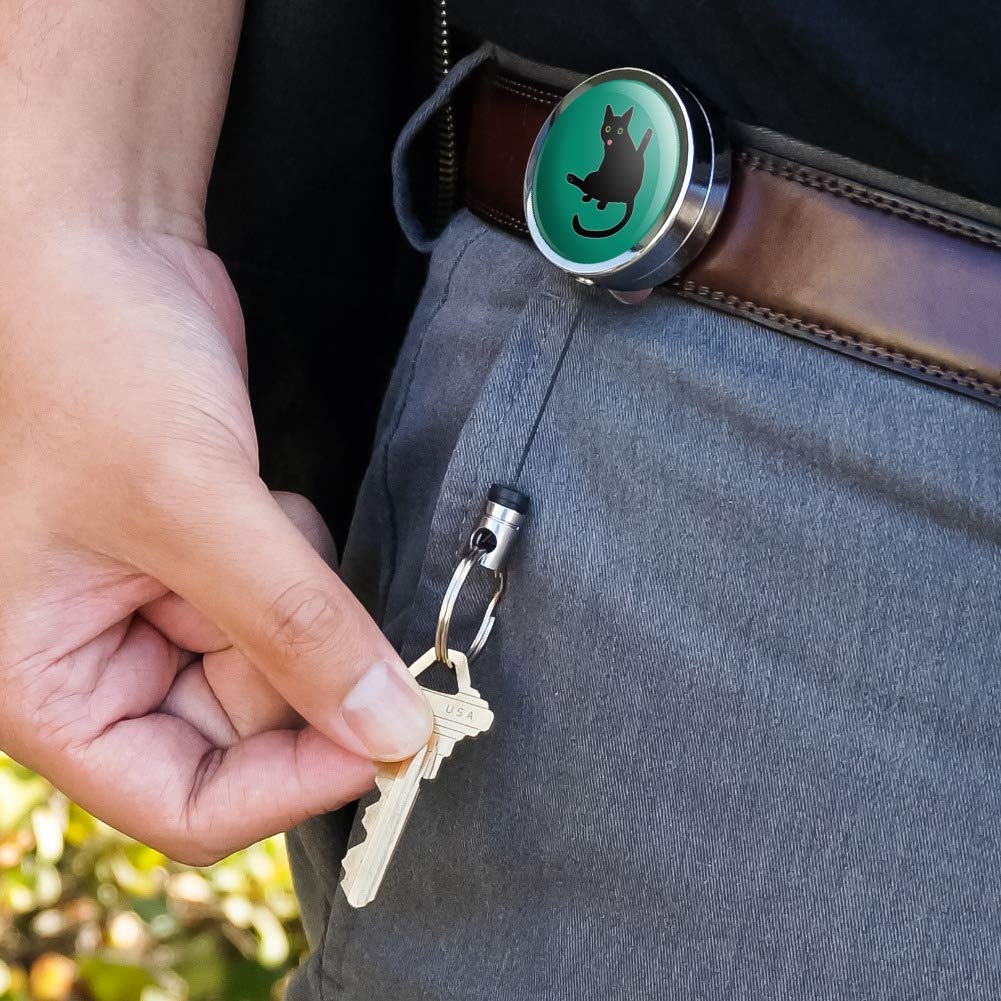 Black Cat Lifting Leg Licking Design Heavy Duty Metal Retractable ID Badge Holder - Key Card Reel with Belt Clip for Office Security, Events & Workplaces