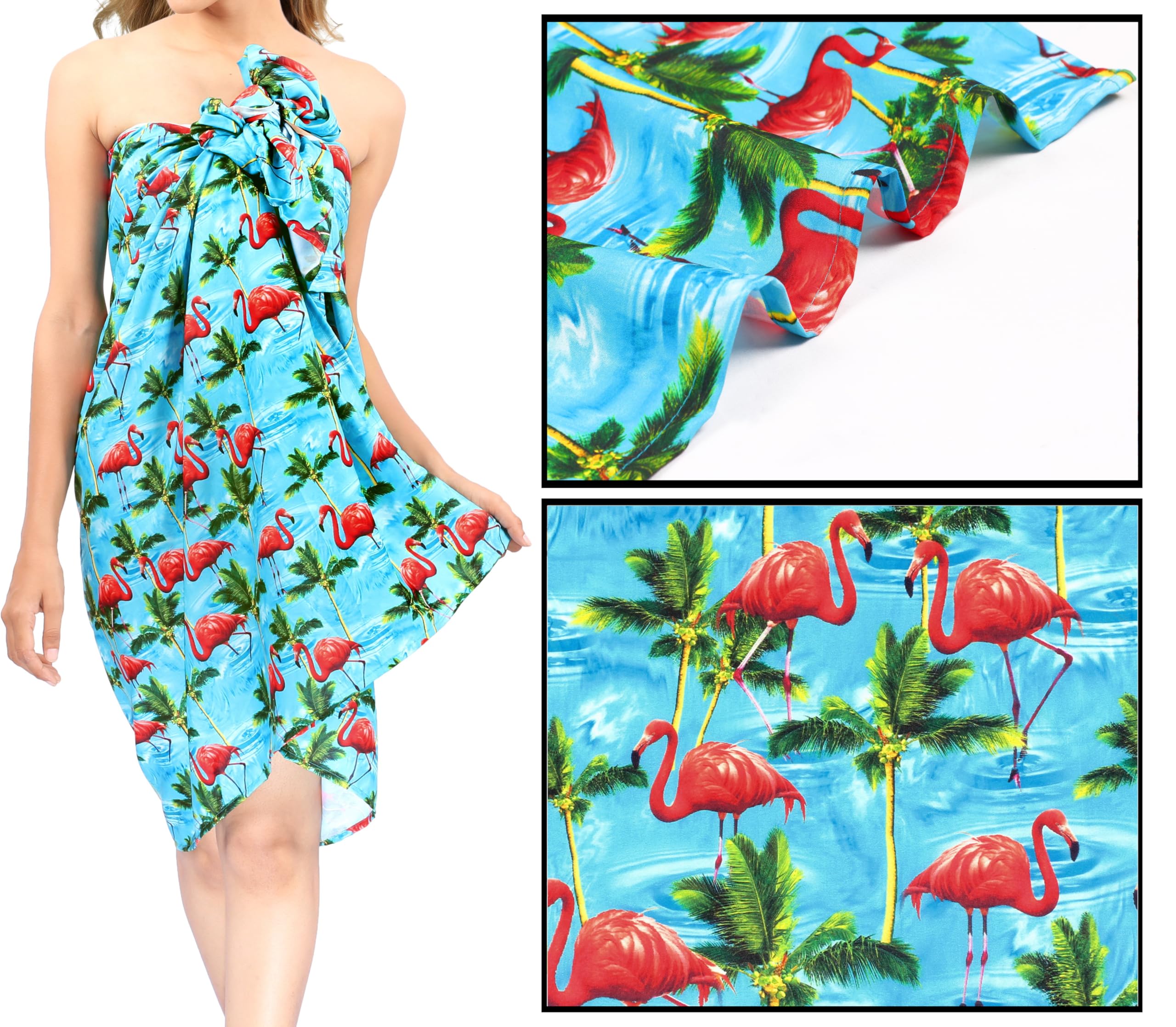 Happy Bay Women's Flamingo Print Beach Wrap - Lightweight Bikini Cover Up, Swimwear Sarong & Summer Vacation Pareo - Blue Tropical One Size Coverup for Pool, Beach & Resort Wear