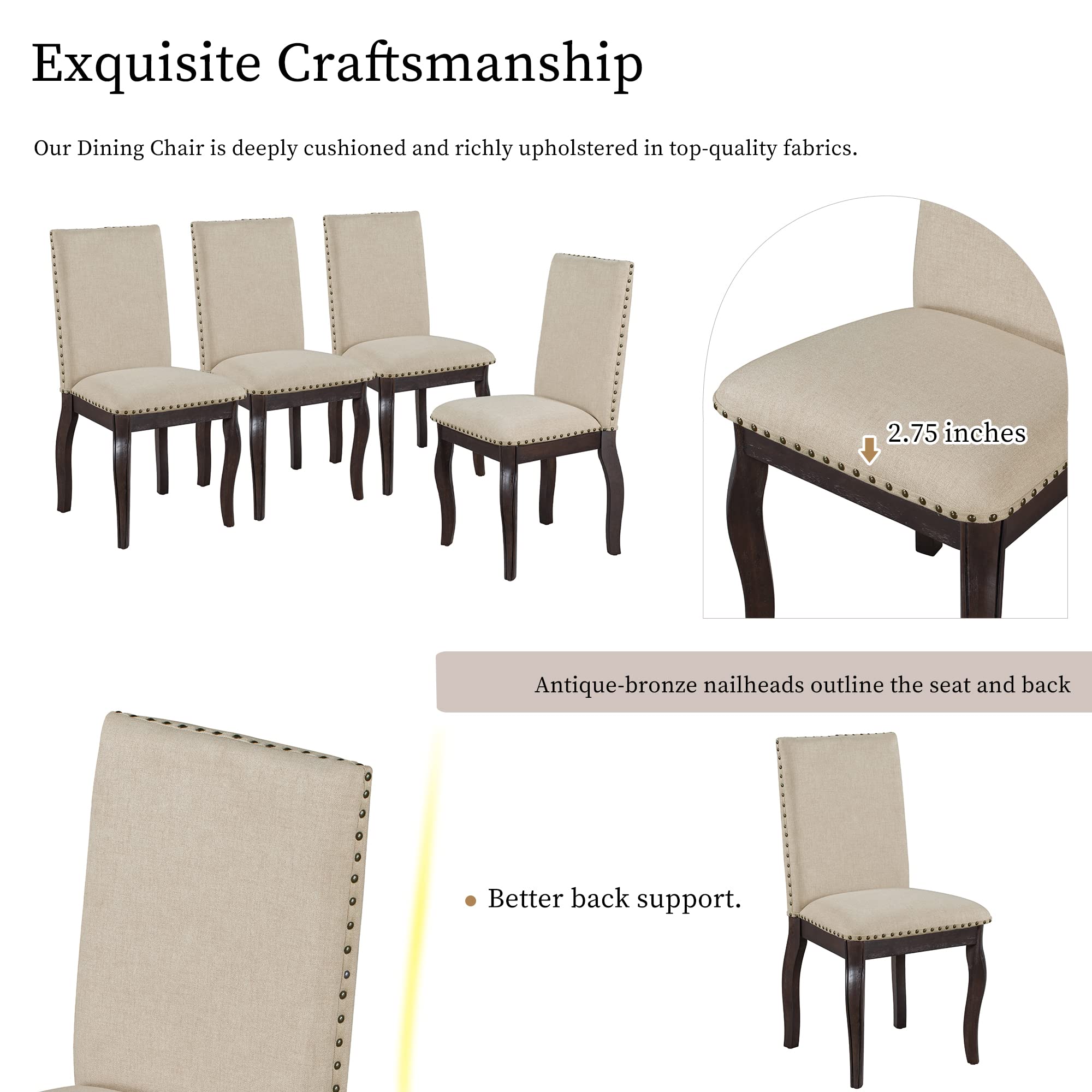 Knocbel Farmhouse Upholstered Dining Chair Set of 4 - Kitchen & Dining Room Chairs with Nailhead Trim, 250lbs Weight Capacity, Espresso Finish - Perfect for Farmhouse Decor, Family Dinners & Restaurant Seating