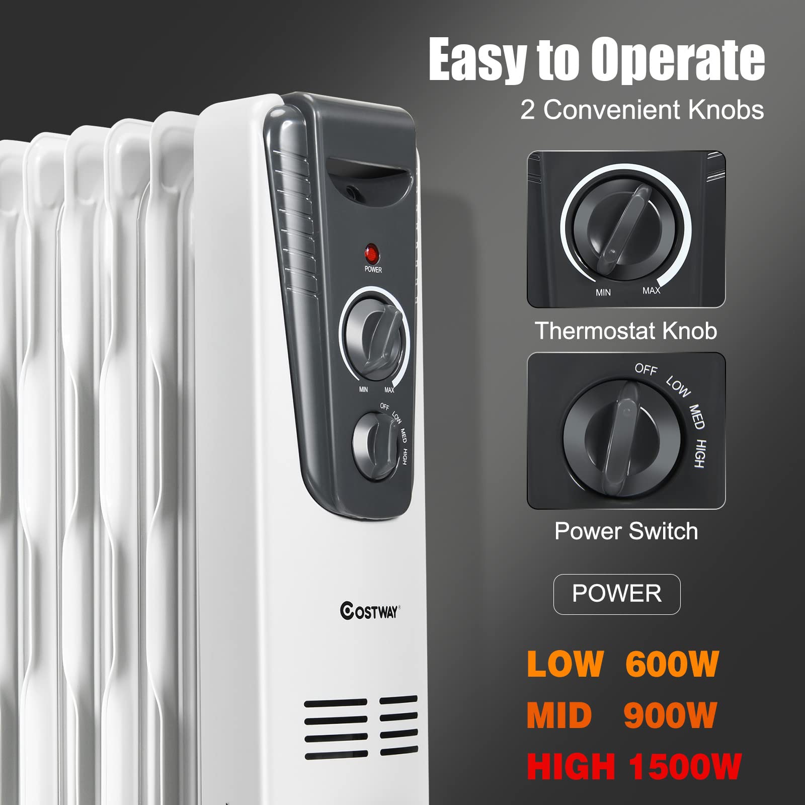 COSTWAY 1500W Oil Filled Radiator Heater - Portable Electric Space Heater with Adjustable Thermostat, 3 Heat Settings, Overheat & Tip-Over Protection - Perfect for Indoor Use in Bedrooms, Offices & Living Rooms | Stay Warm & Cozy During Winter