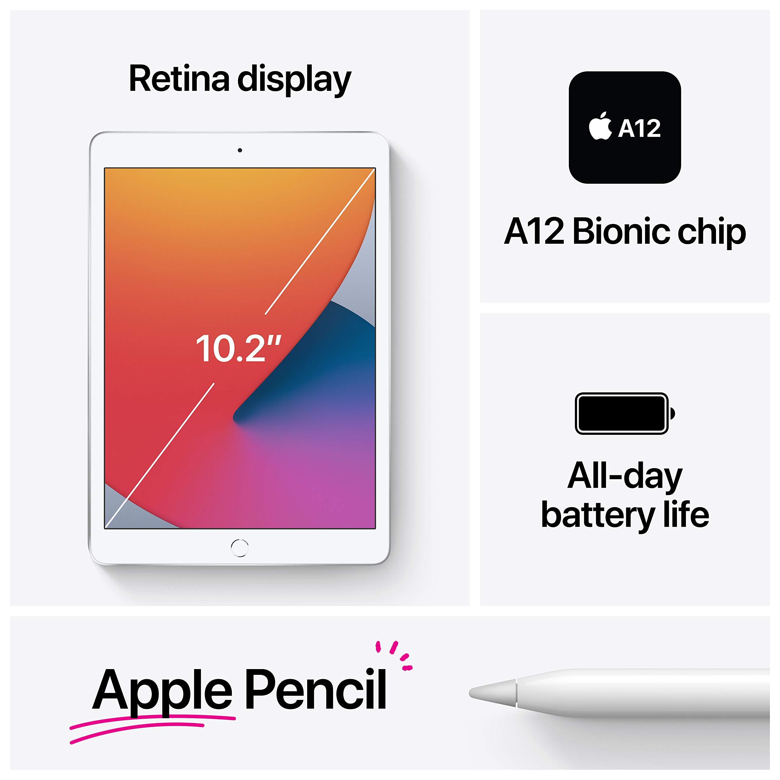 2020 Apple iPad 10.2-inch Wi-Fi 128GB Silver (Renewed) - Premium Refurbished Tablet for Work, School & Entertainment | Fast Performance, Stunning Retina Display