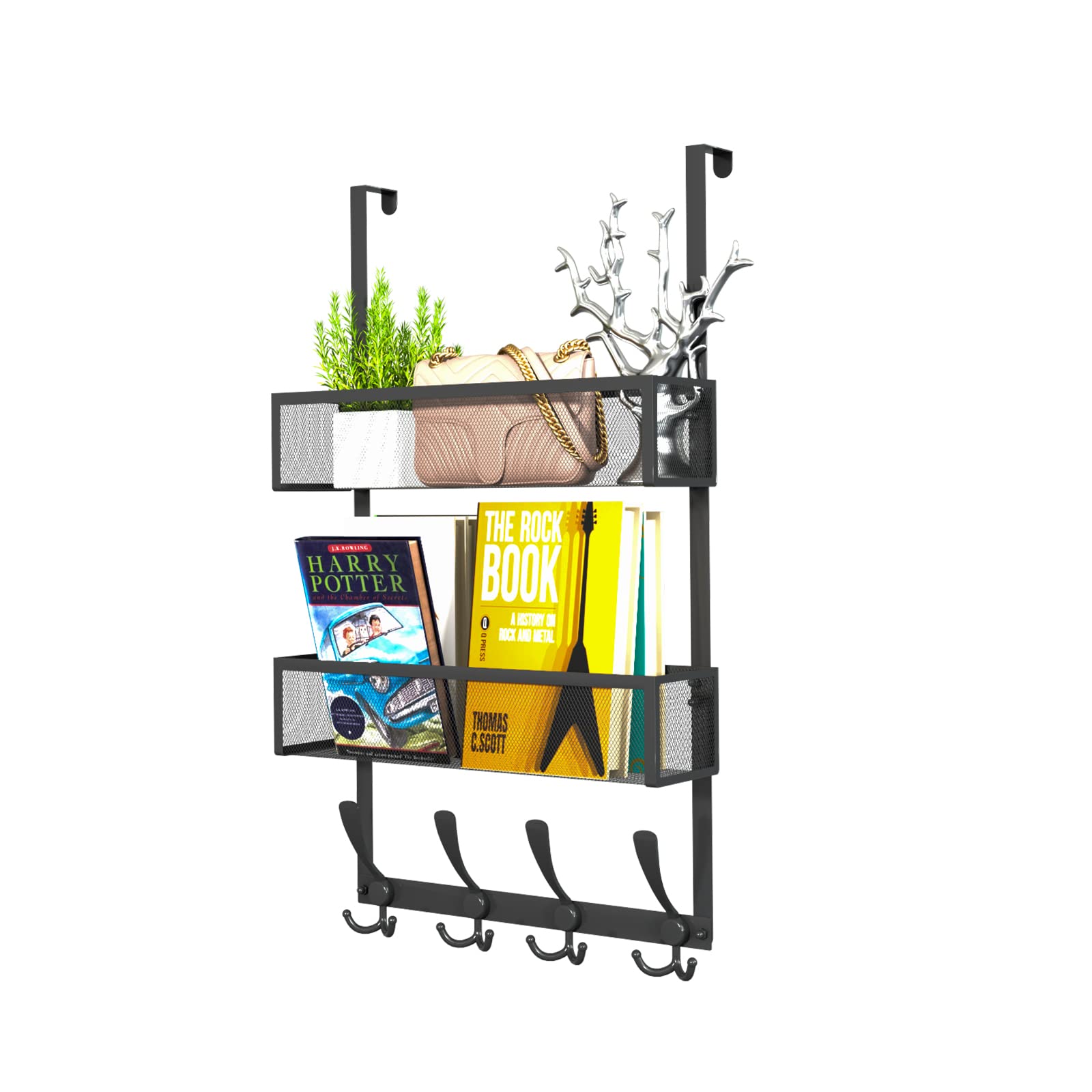 Over The Door Hooks Organizer - 12 Hooks & 2 Mesh Baskets Space Saving Coat Rack - Heavy Duty Door Storage for Bathroom, Bedroom, Kitchen, Office (Black) - Perfect for Organizing Towels, Hats, Scarves & Kitchen Utensils