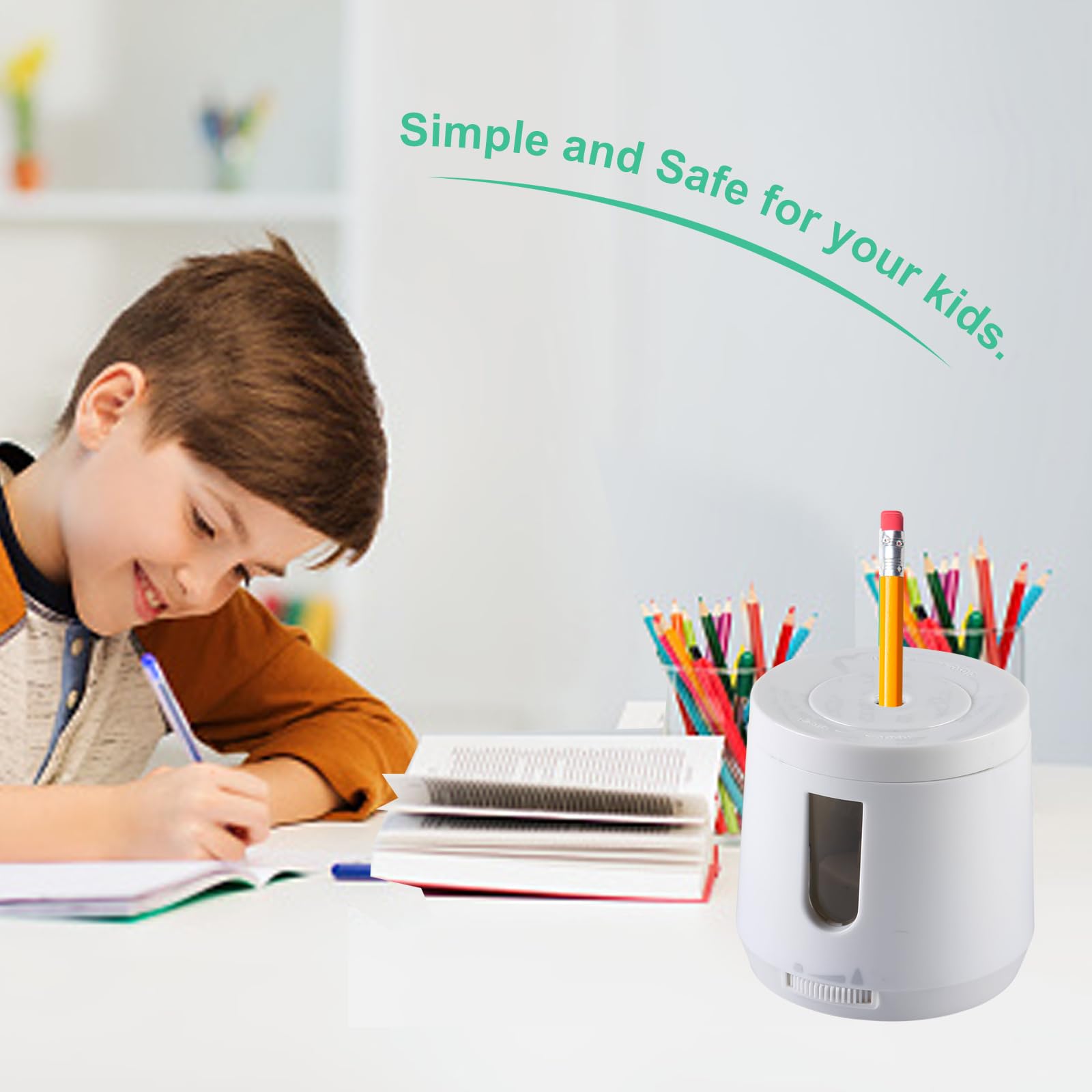 Bocyteopr Automatic Electric Pencil Sharpener - USB & Battery Powered Adjustable Sharpener for Colored Pencils (6-8mm) - Perfect for School, Classroom, Office & Home Use (White)