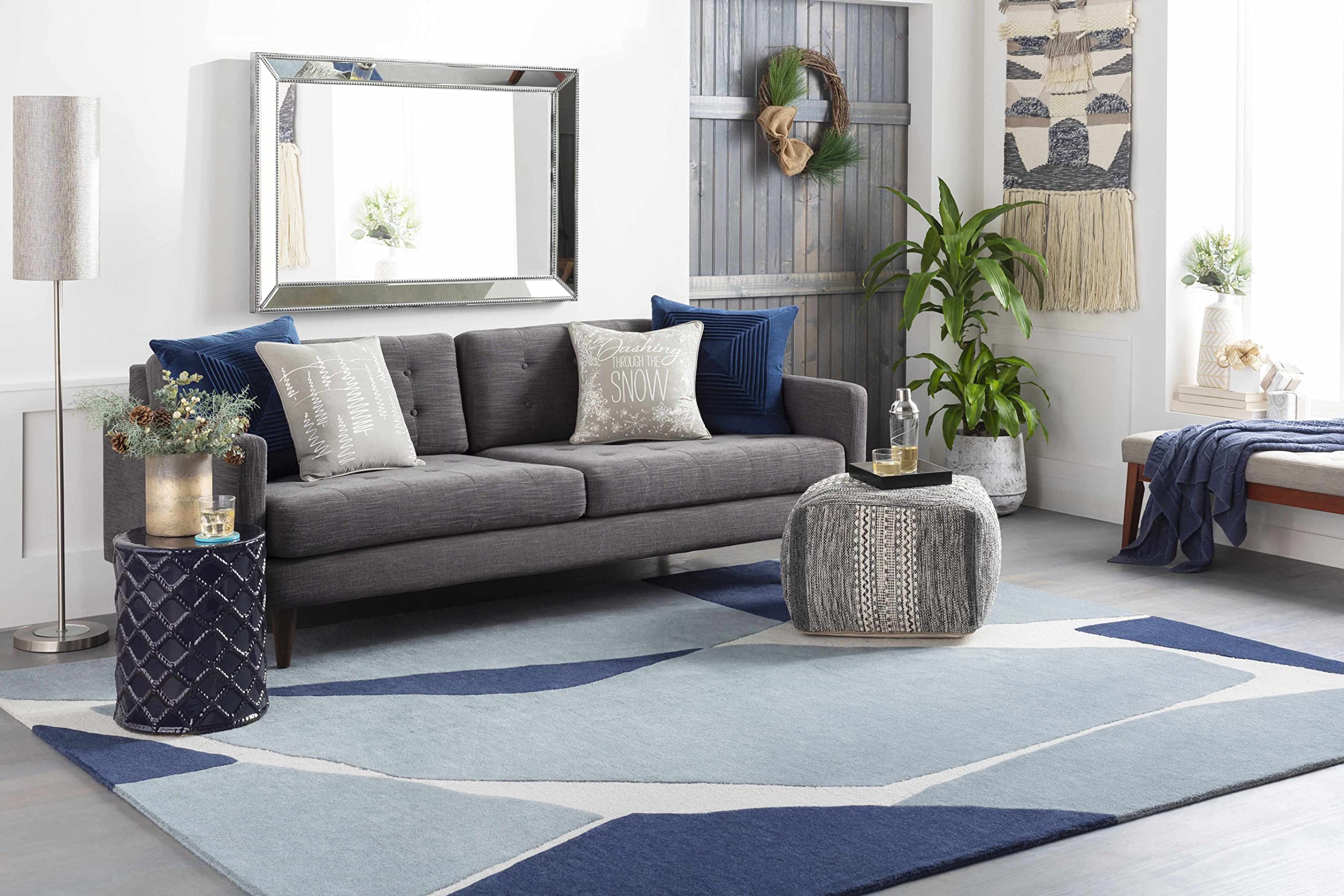 Modern Geometric Blue & Beige Wool Area Rug 6' x 9' - Perfect for Living Room & Bedroom Décor - Soft & Durable Hauteloom Robbins Rug for Cozy Home Atmosphere