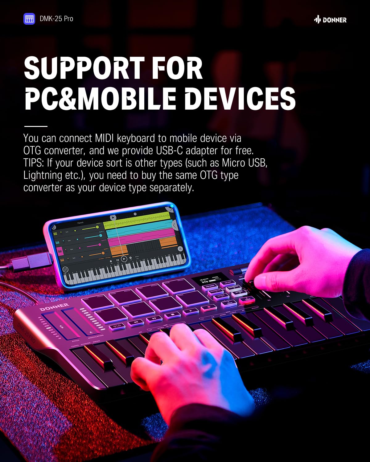 Donner DMK25 Pro 25-Key USB-C MIDI Keyboard Controller with 8 Drum Pads, OLED Display & Touch Bar | Portable Mini Keyboard for Music Production, Beat Making & Live Performance | Includes DAW Software & 40 Music Lessons