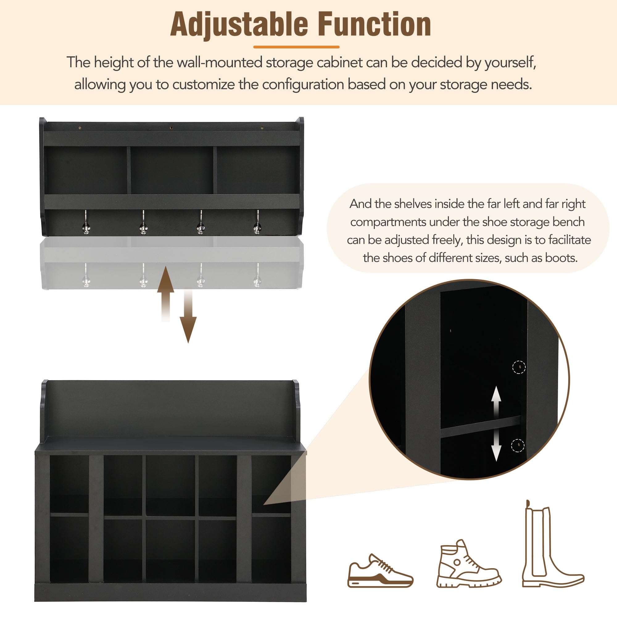 Modern Hall Tree Entryway Organizer - Coat Rack Shoe Storage Bench with Shelves & 4 Hooks, Wall Mounted Mudroom Furniture for Coats, Shoes & Accessories - Perfect for Entryways, Hallways & Small Spaces (Black)