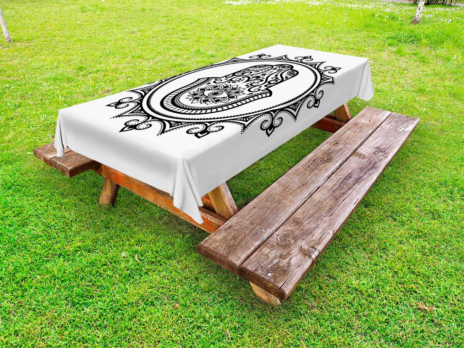 Ambesonne Evil Eye Outdoor Tablecloth - Hamsa Hand Design with Mandala Lucky Symbol, Washable Picnic Table Cover 58x84 Inches, White & Black - Perfect for Garden Parties, BBQs, and Outdoor Dining Decor