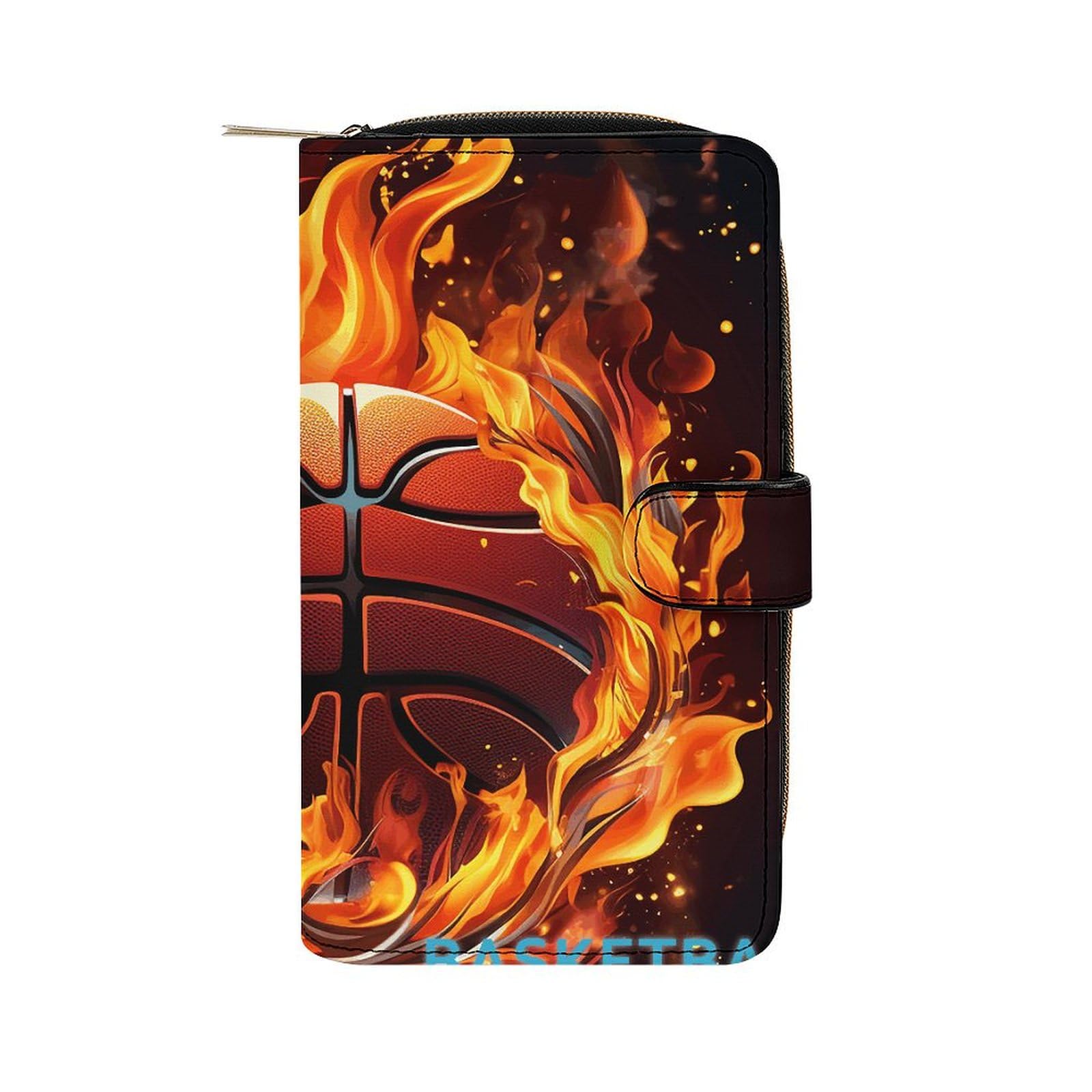 LQWOK Leather Wallet with Basketball Logo & Flames Print - Durable Travel Wallet for Men - Portable Slim Bifold Wallet (19.7x11x3.5cm) - Perfect for Everyday Use, Sports Fans & Gift Giving