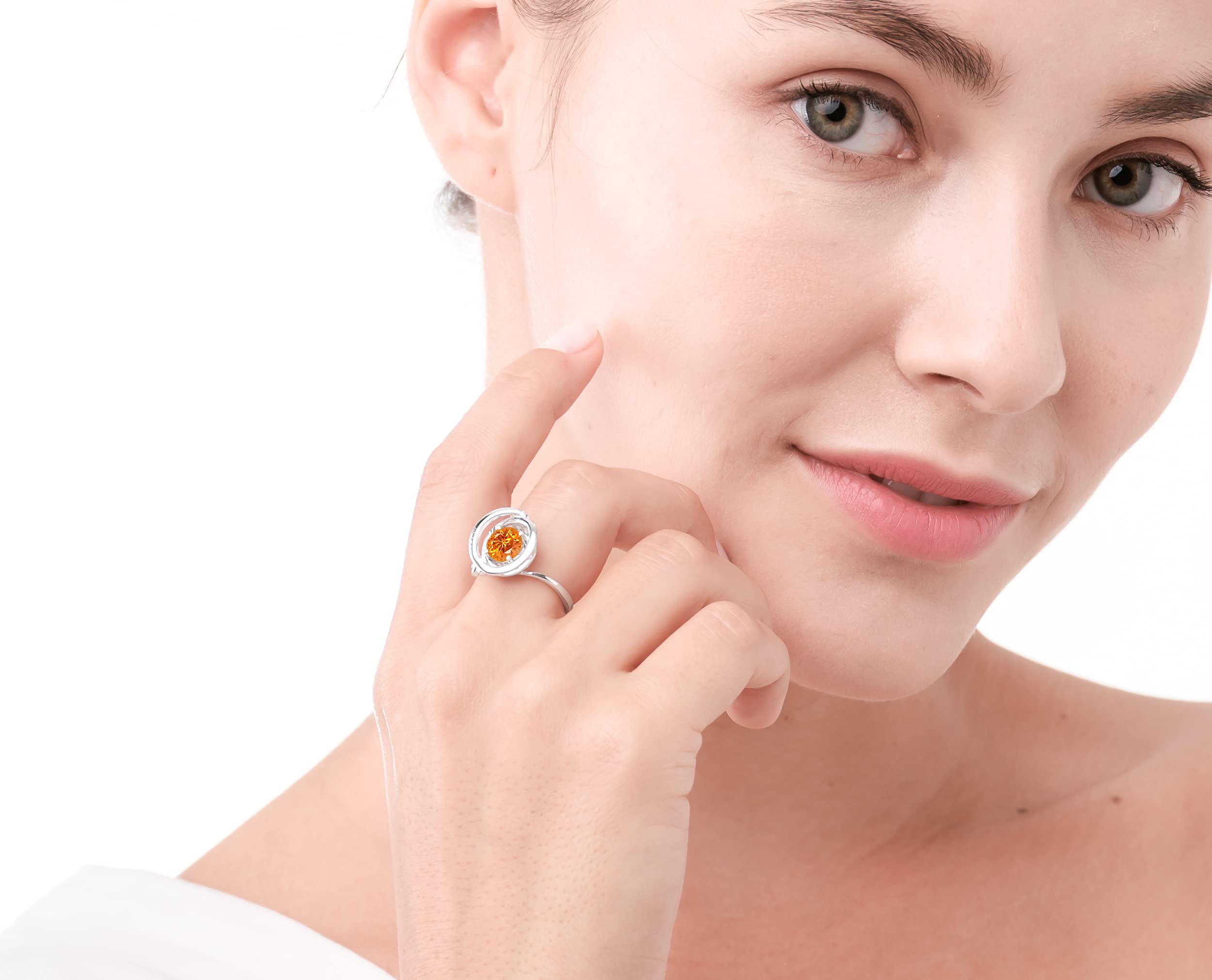 Orange Garnet Ring for Women - Solitaire January Birthstone Ring - Spessartite Garnet Sterling Silver Circle Wave Ring | Elegant Gift for Anniversary, Valentine's Day & Everyday Wear