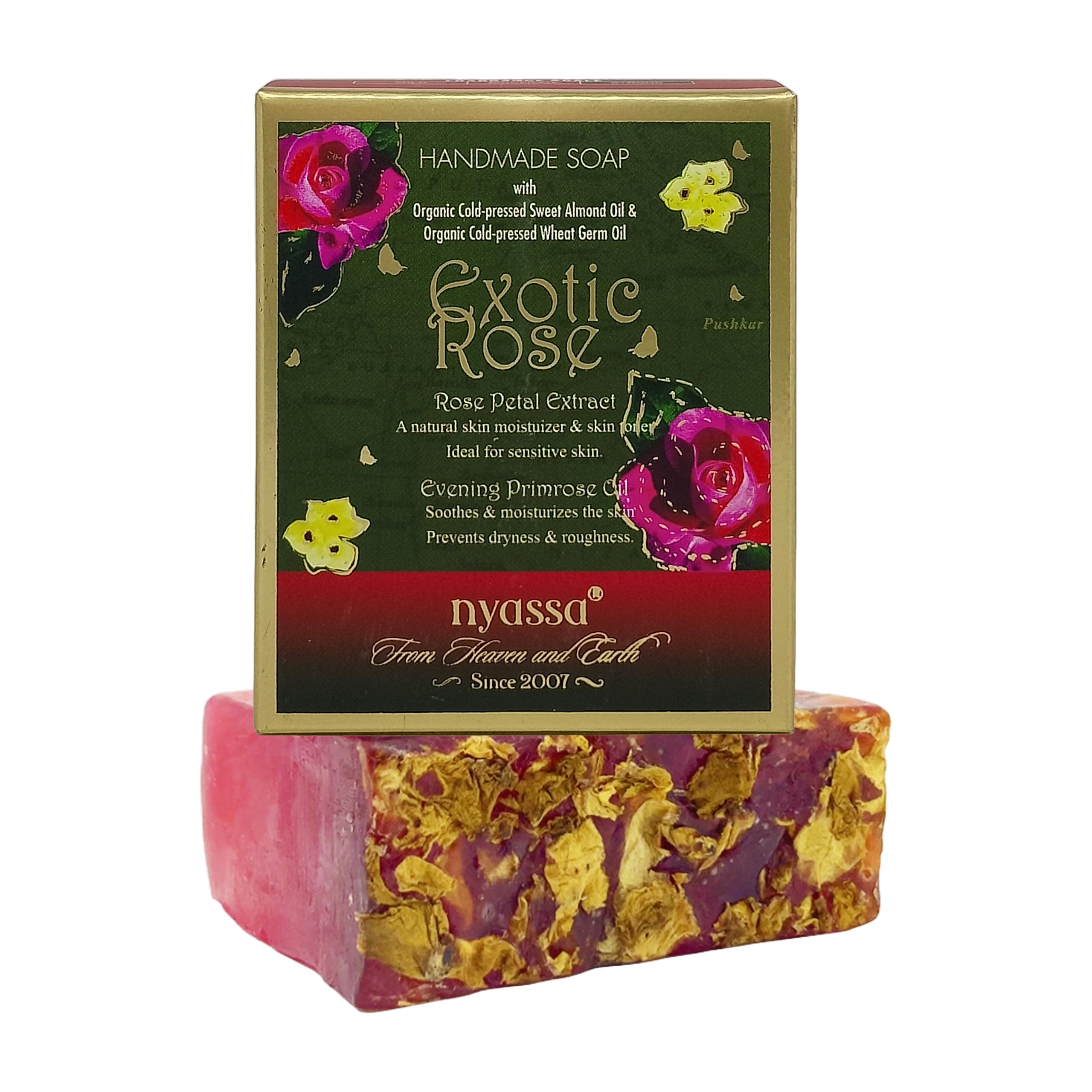 NYASSA Luxurious Exotic Rose Handmade Natural Bath Soap 150g with Rose Petal Extract & Evening Primrose Oil | Moisturizing Rose Scented Soap for Smooth Soft Skin | Suitable for All Skin Types | Perfect for Spa Day, Romantic Bath & Gift Giving