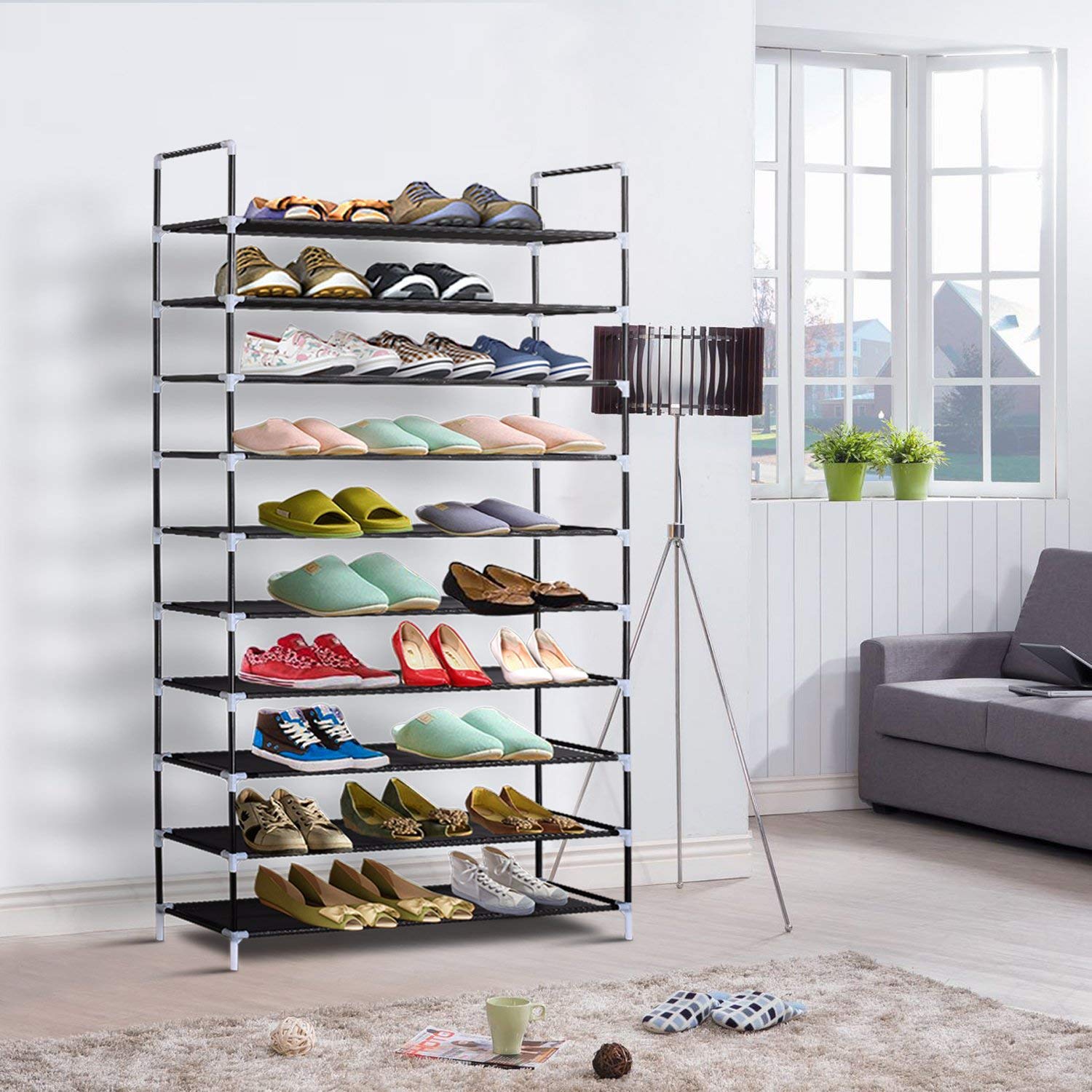ERONE 10-Tier Shoe Rack Organizer - Tall Metal Shoe Storage Cabinet for Closets & Entryway | Non-Woven Fabric Sturdy Shoe Shelf Tower | Space-Saving Home Organization Solution (Black) | Perfect for Small Apartments & Mudroom Storage