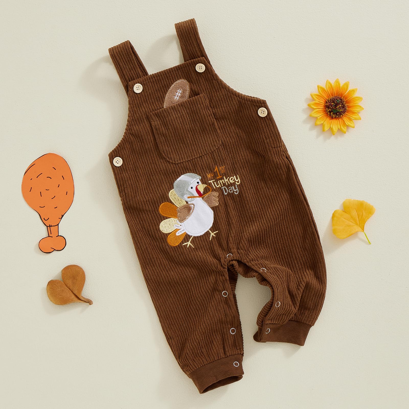 YOKJZJD Newborn Baby Thanksgiving Outfit - Turkey Print Corduroy Bib Overalls Jumpsuit for Boys & Girls | Fall & Holiday Season Baby Clothes for Family Gatherings & Photo Shoots