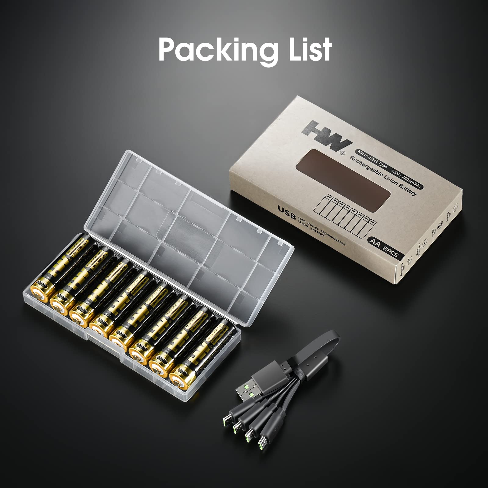 HW USB Rechargeable AA Lithium Ion Batteries 1.5V 2800mWh - Fast 2-Hour Charge, 1000+ Cycles - Includes 4-in-1 USB Charging Cable (8-Pack) - Perfect for Cameras, Game Controllers & Smart Home Devices
